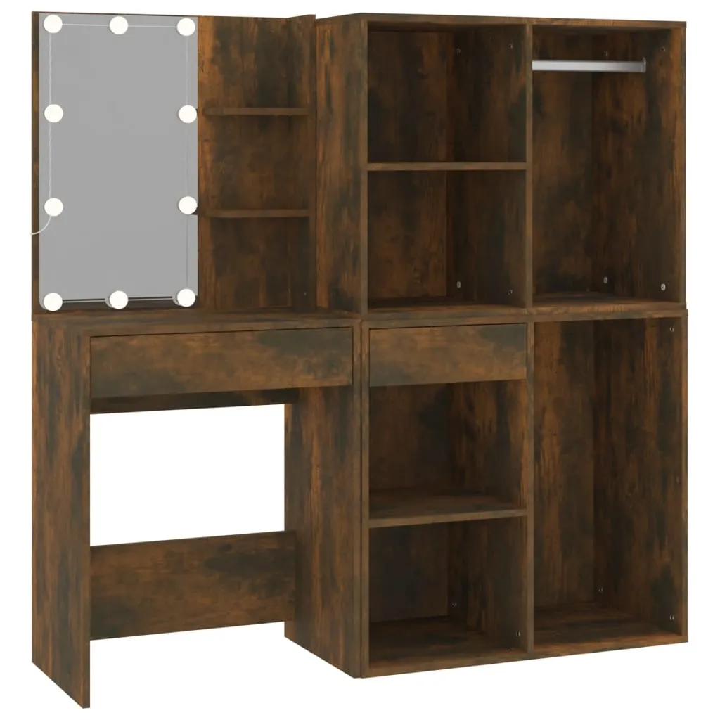 LED-Schminktisch mit Schränken 60x40x140 cm Räuchereiche Massivholz