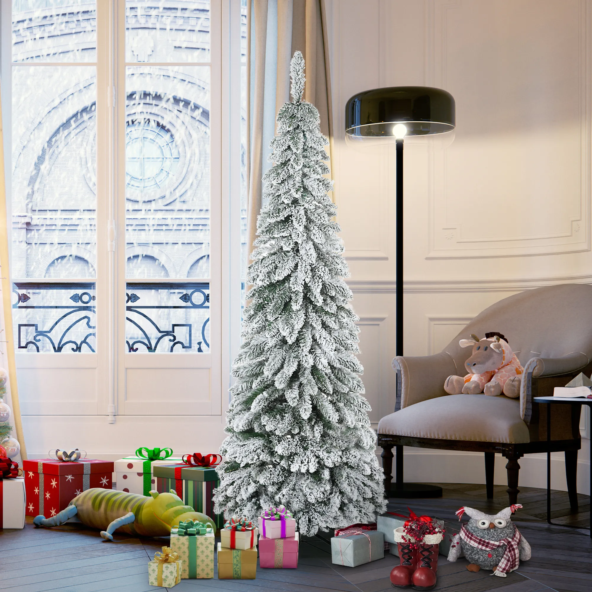 Künstlicher Weihnachtsbaum, 1,80 m, mit 523 Zweigen, Kunstschnee, lebensechtes Aussehen, schlanke Form