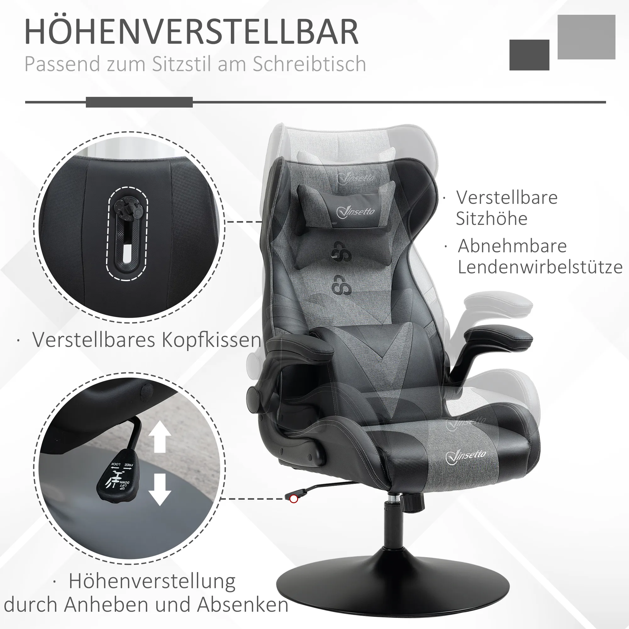 Gaming-Stuhl, höhenverstellbar & drehbar, Kunstleder-Bezug, klappbare Armlehnen, Schwarz+Grau