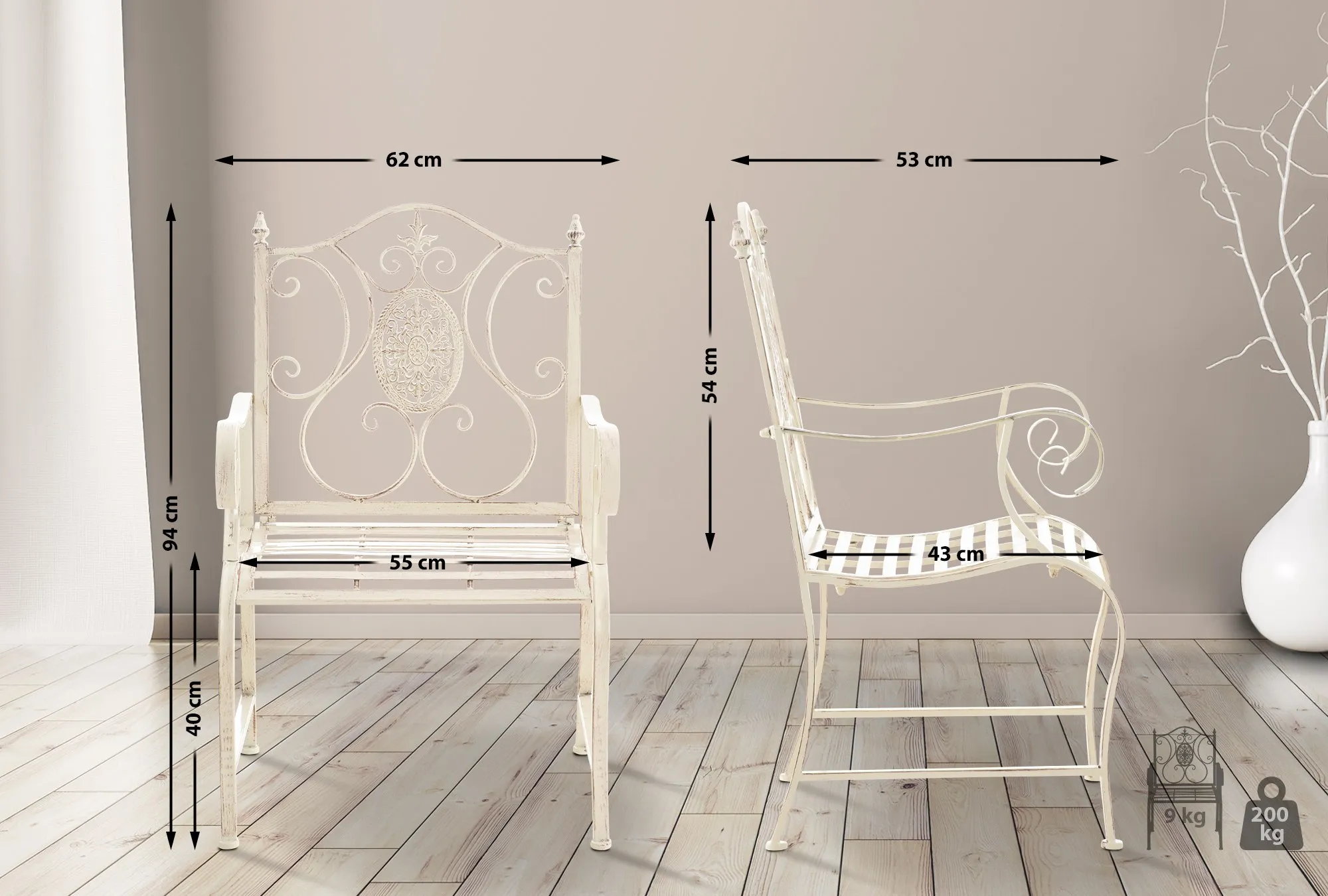 2er Set Gartenstühle Punjab 94x62x53 cm antik-creme