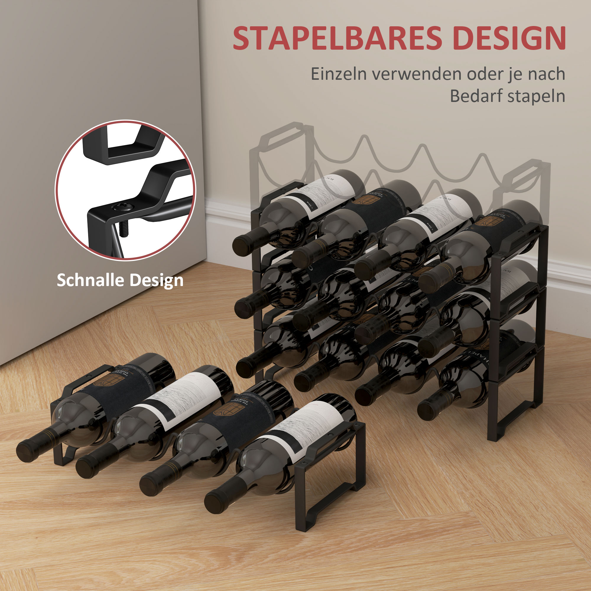 Weinregal Schwarz 42,5B x 16,5T x 41H cm für 16 Flaschen