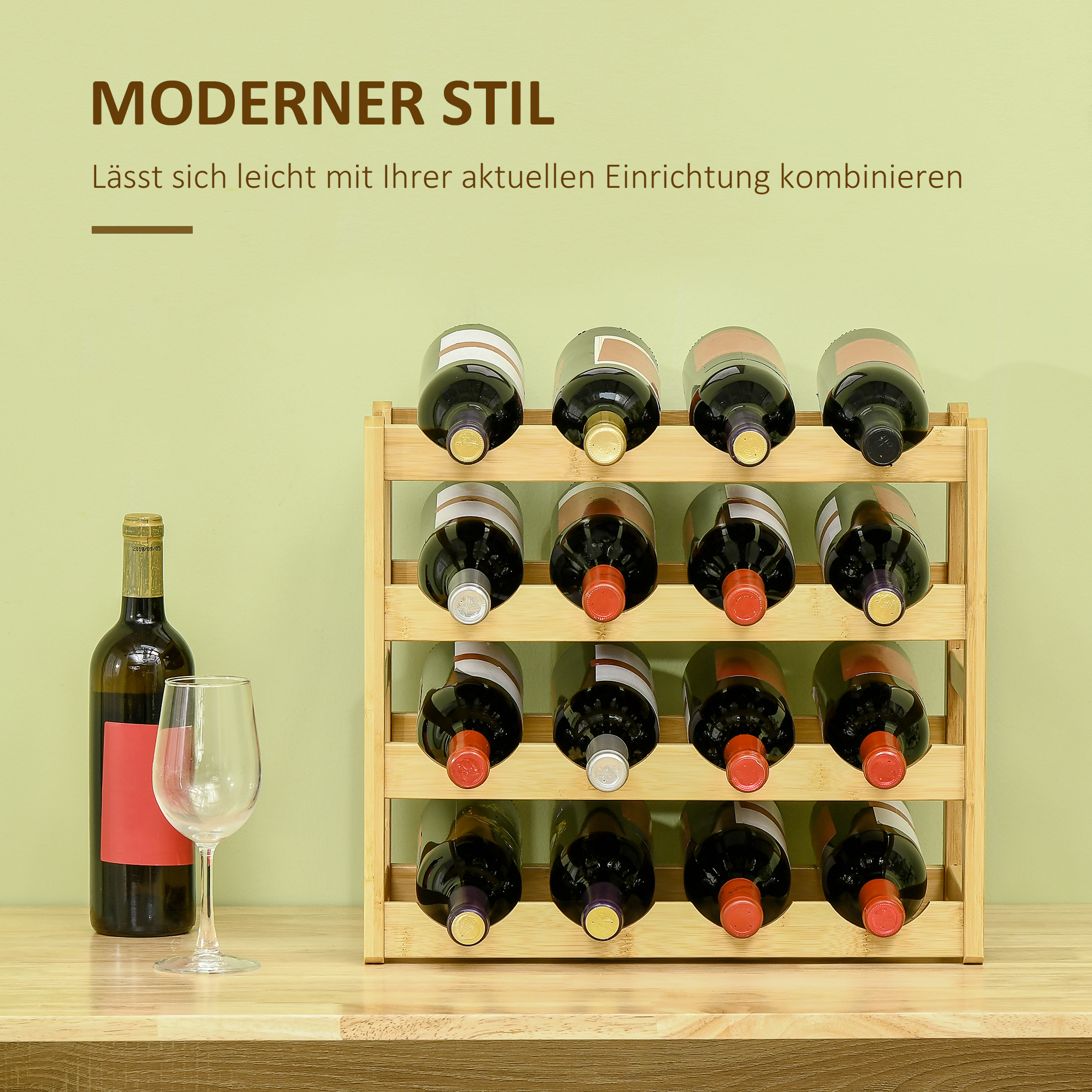 Weinregal aus Bambus 43L x 23,5B x 38H cm für 16 Flaschen