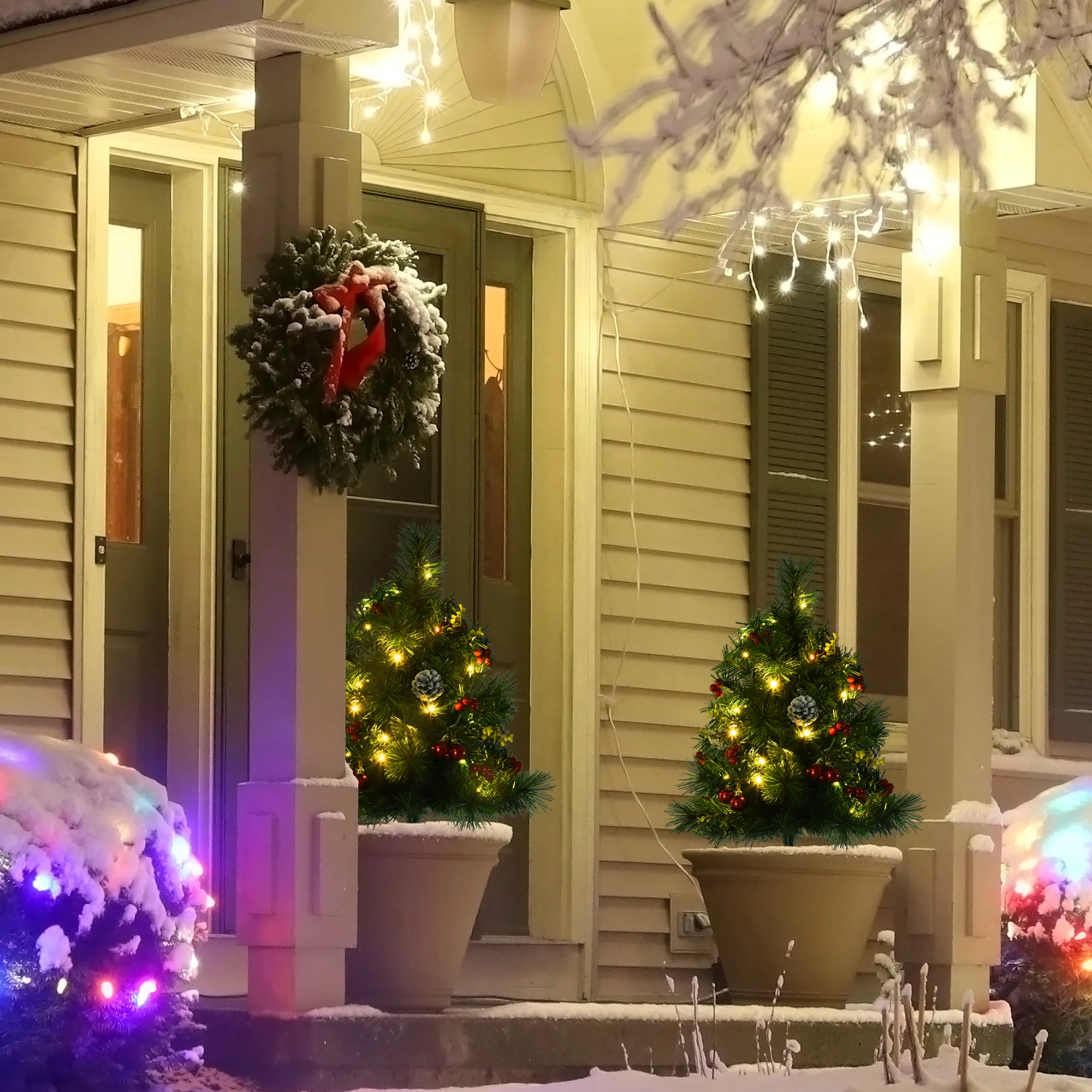 2-er Set Weihnachtsbäume, Künstlicher Mini-Christbaum mit LED-Lichtern, Kunststoff, Metall, Ø33 x 75 cm, Grün