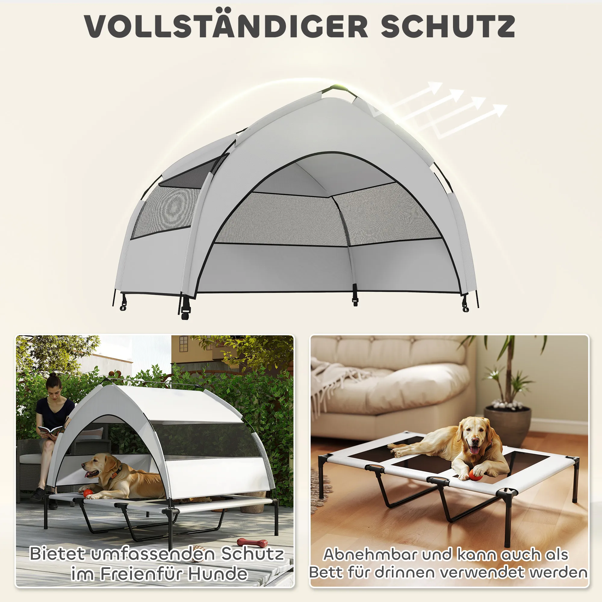 Hundebett Outdoor mit Dach, erhöht, Stahlrahmen, 122x92x94cm, Grau