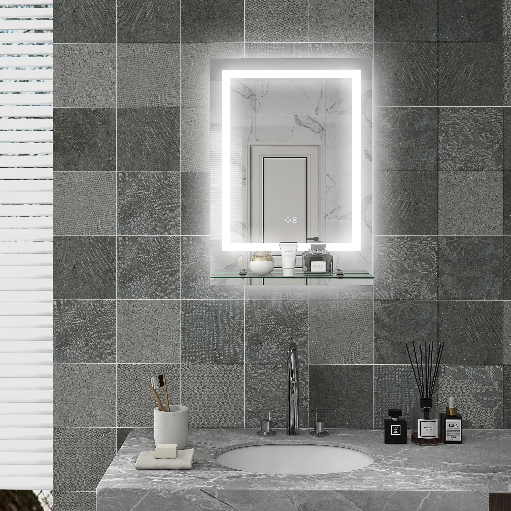 Badezimmerspiegel mit LED-Beleuchtung, 3 Lichtfarben, Antibeschlag-Funktion, verkabelt, 70 x 50 cm
