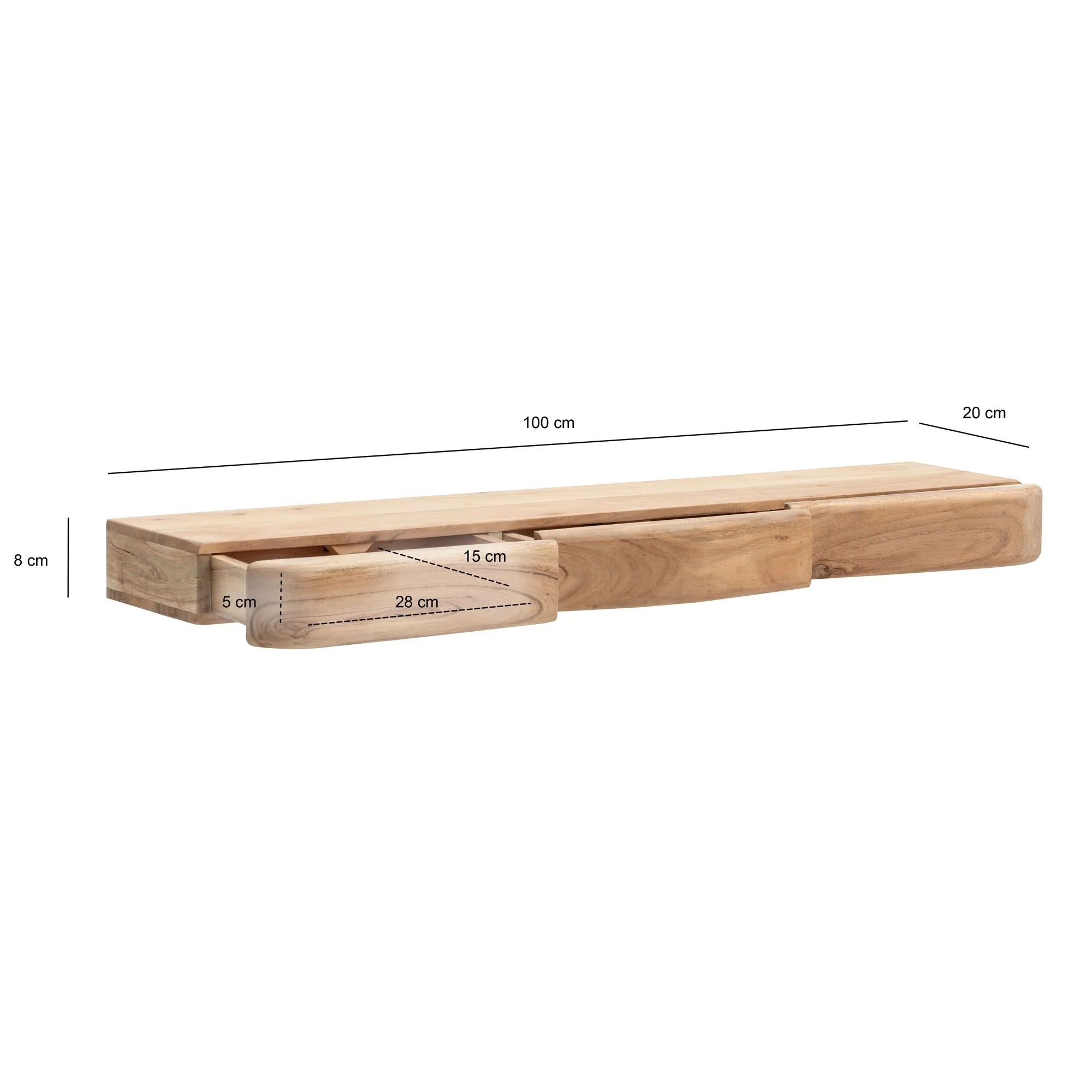 Wandregal Akazie Massivholz 100cm mit drei Schubladen - Design Regal für die Wand - Holz Wandboard mit Stauraum - Schwebendes Hängeregal aus Echtholz