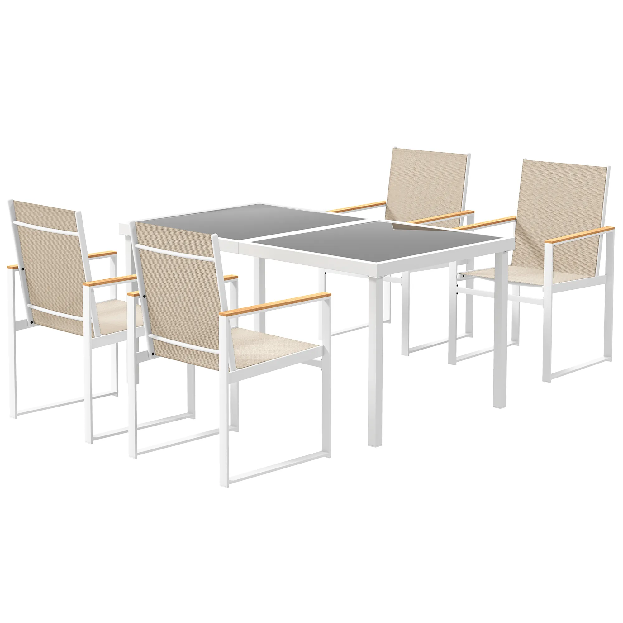 5-teiliges Ess-Set, Outdoor-Tisch aus Hartglas, 4 Stühle, wetterbeständig, Stahlrahmen, Terrassenmöbel, Mehrfarbig