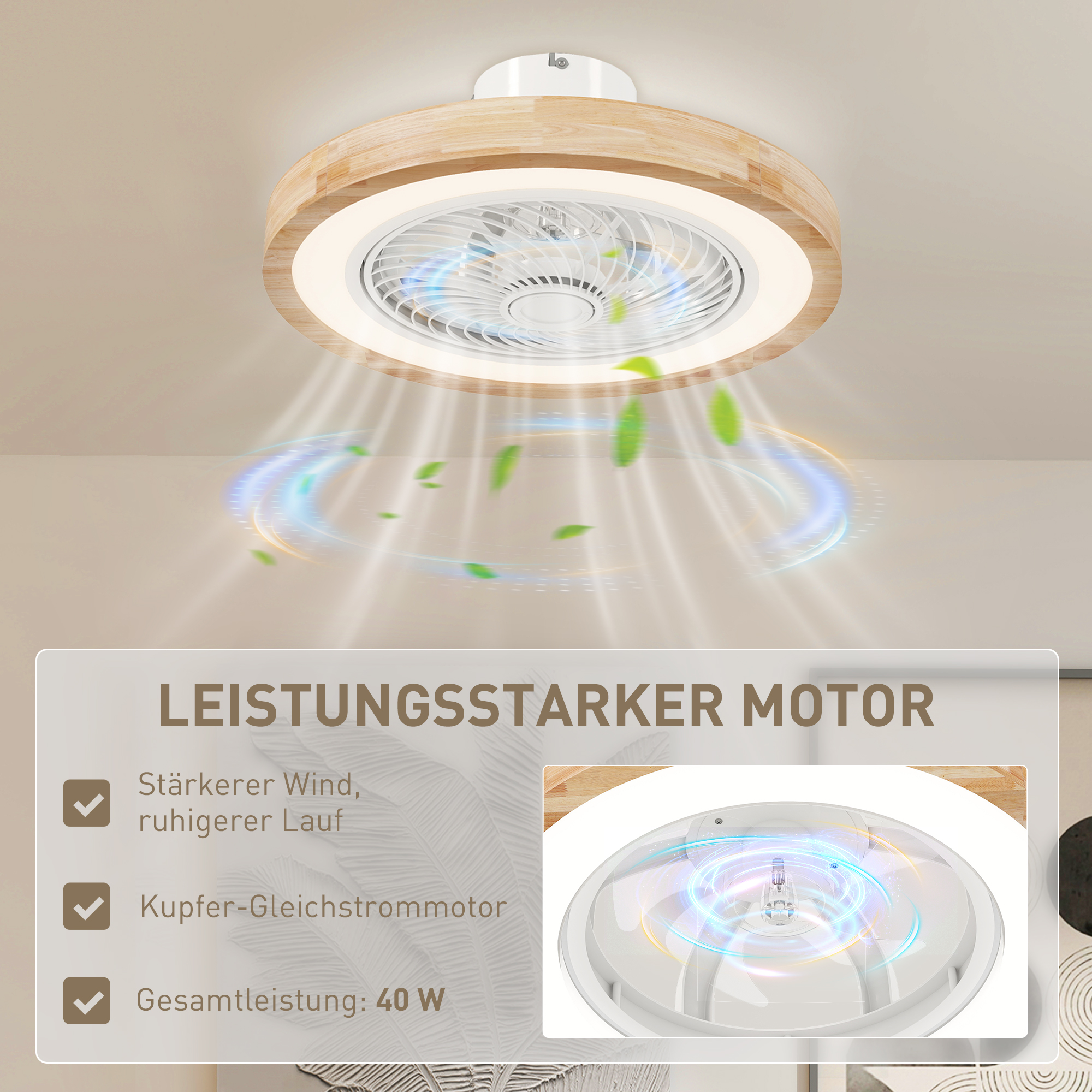 Deckenventilator mit Licht Ø50 cm Naturholz, 40 W