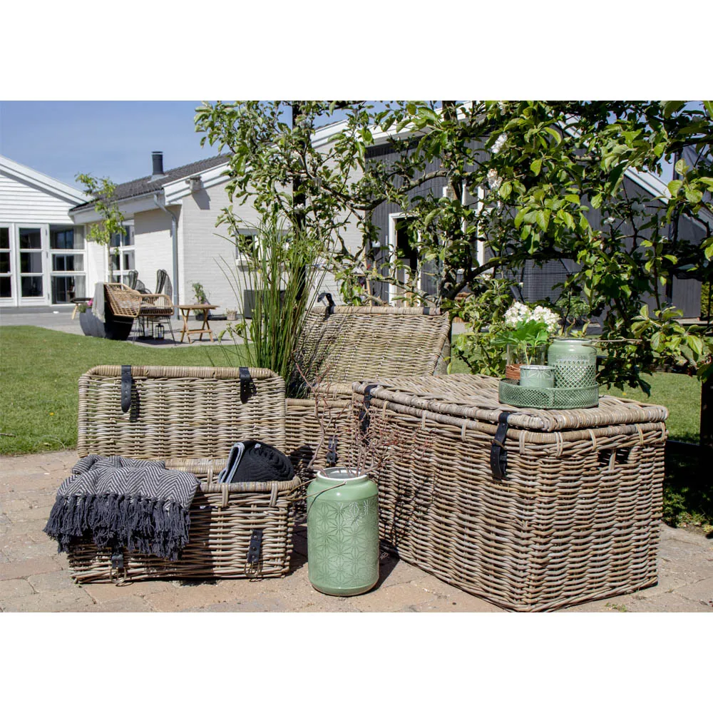 tinkaro Aufbewahrungsbox Set 3-teilig Kubu-Rattan Ledergriff Grau 81x71x61 cm
