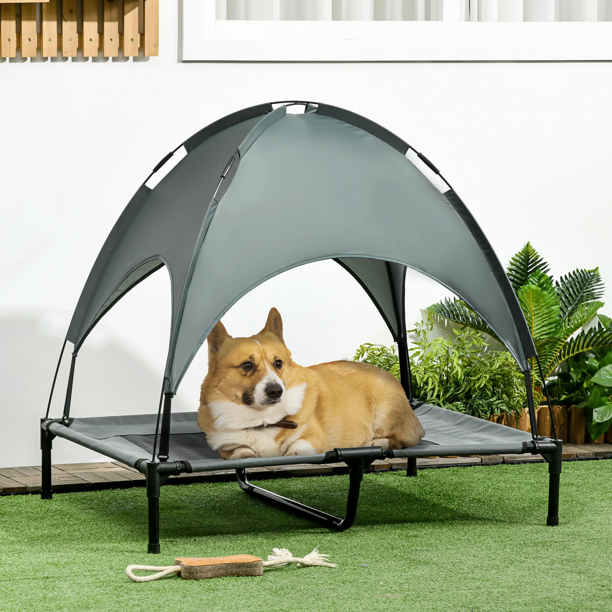 Hundebett erhöht mit Baldachin, Netzstoff, Grau 92 x 76 x 90 cm
