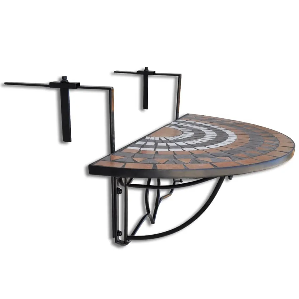 Halbrunder Balkontisch 76x56x64 cm mit Terrakotta, Weiß und Schwarz