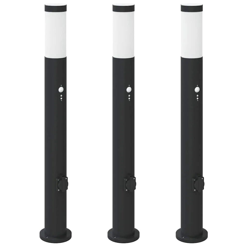 Schwarze Edelstahl Pollerleuchte 11x80 cm mit Bewegungssensor und Steckdose