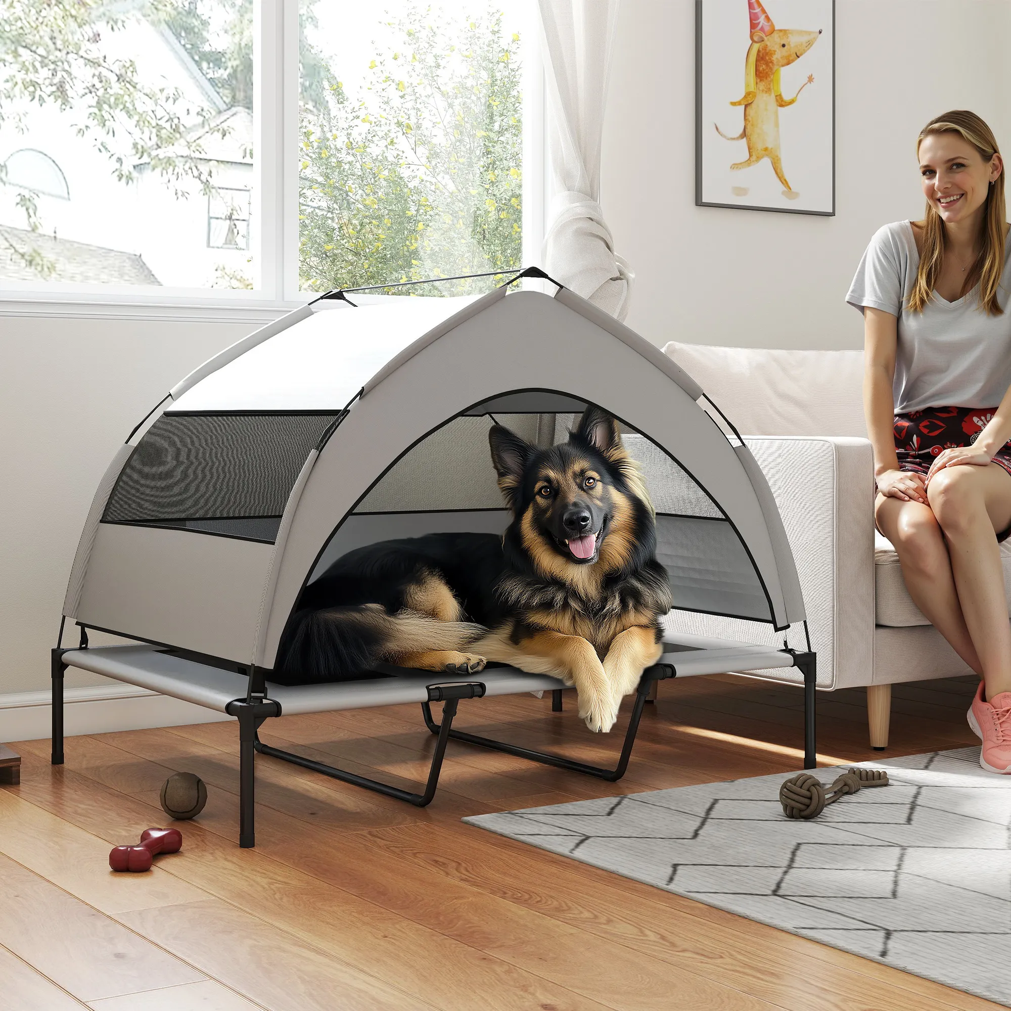 Hundebett Outdoor mit Dach, erhöht, Stahlrahmen, 122x92x94cm, Grau