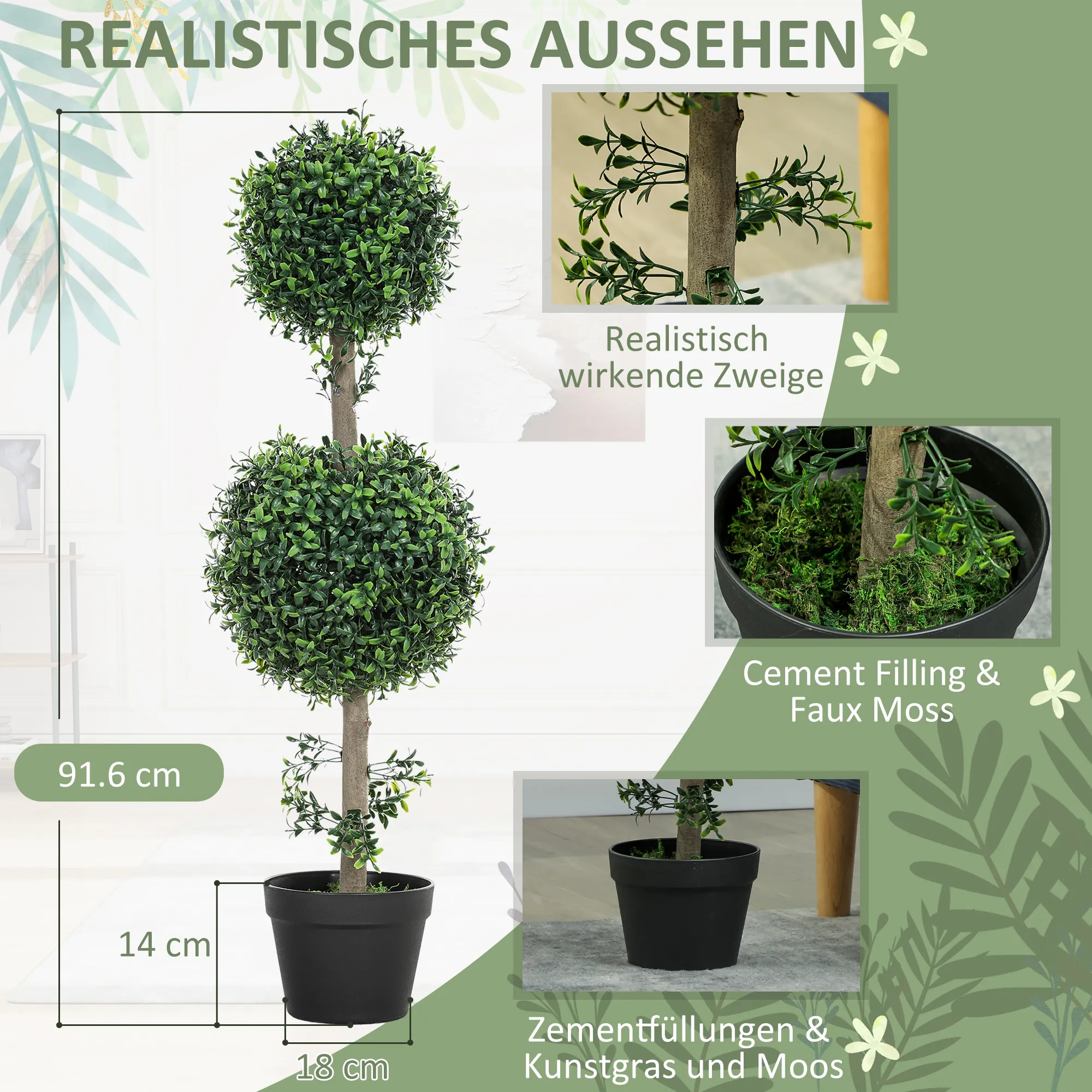 2er-Set Kunstpflanzen, Künstliche Buchsbaum-Pflanzen, UV-geschützt, mit Topf, Grün
