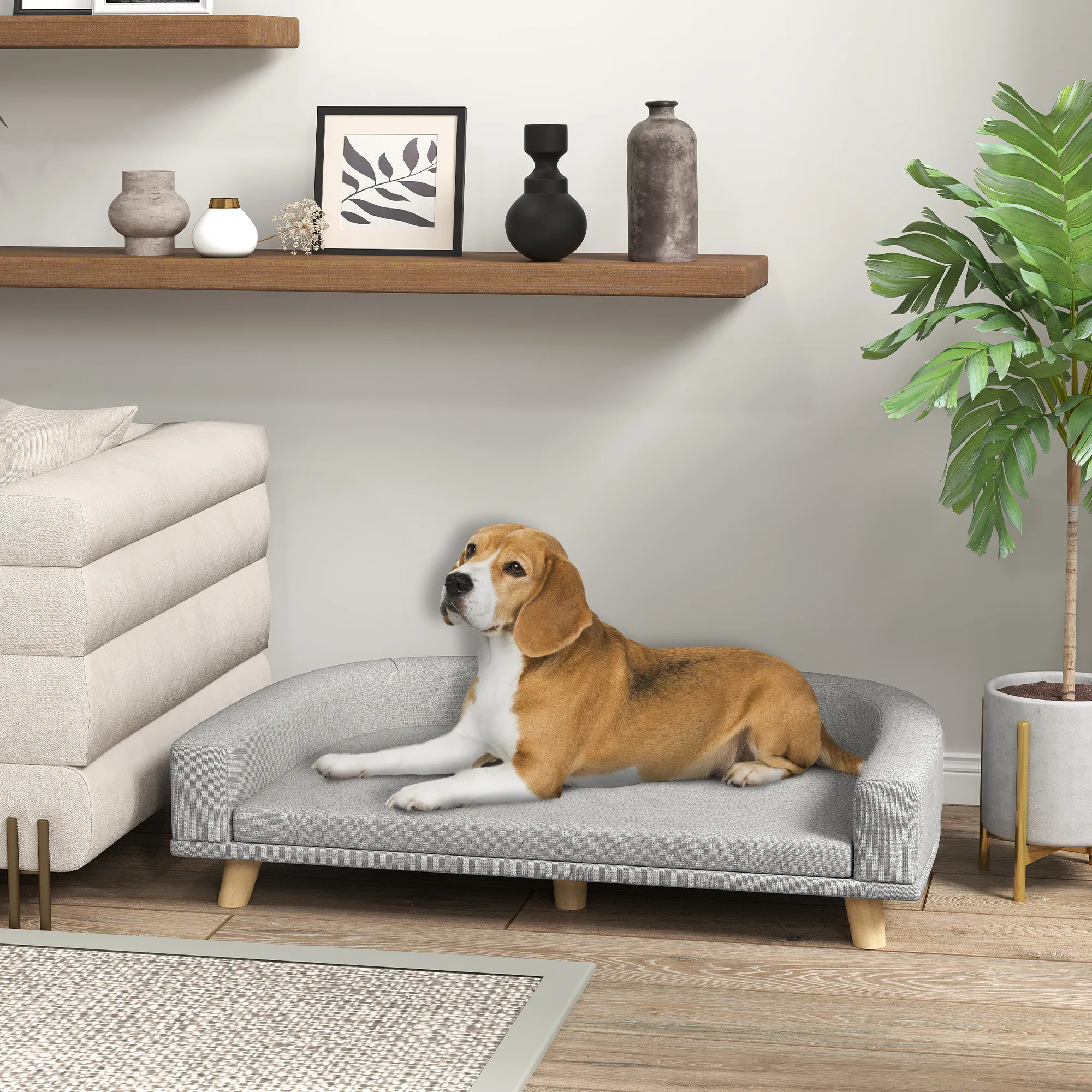 Hundesofa für große Hunde bis 30 kg, Kiefernholzbeine, Grau