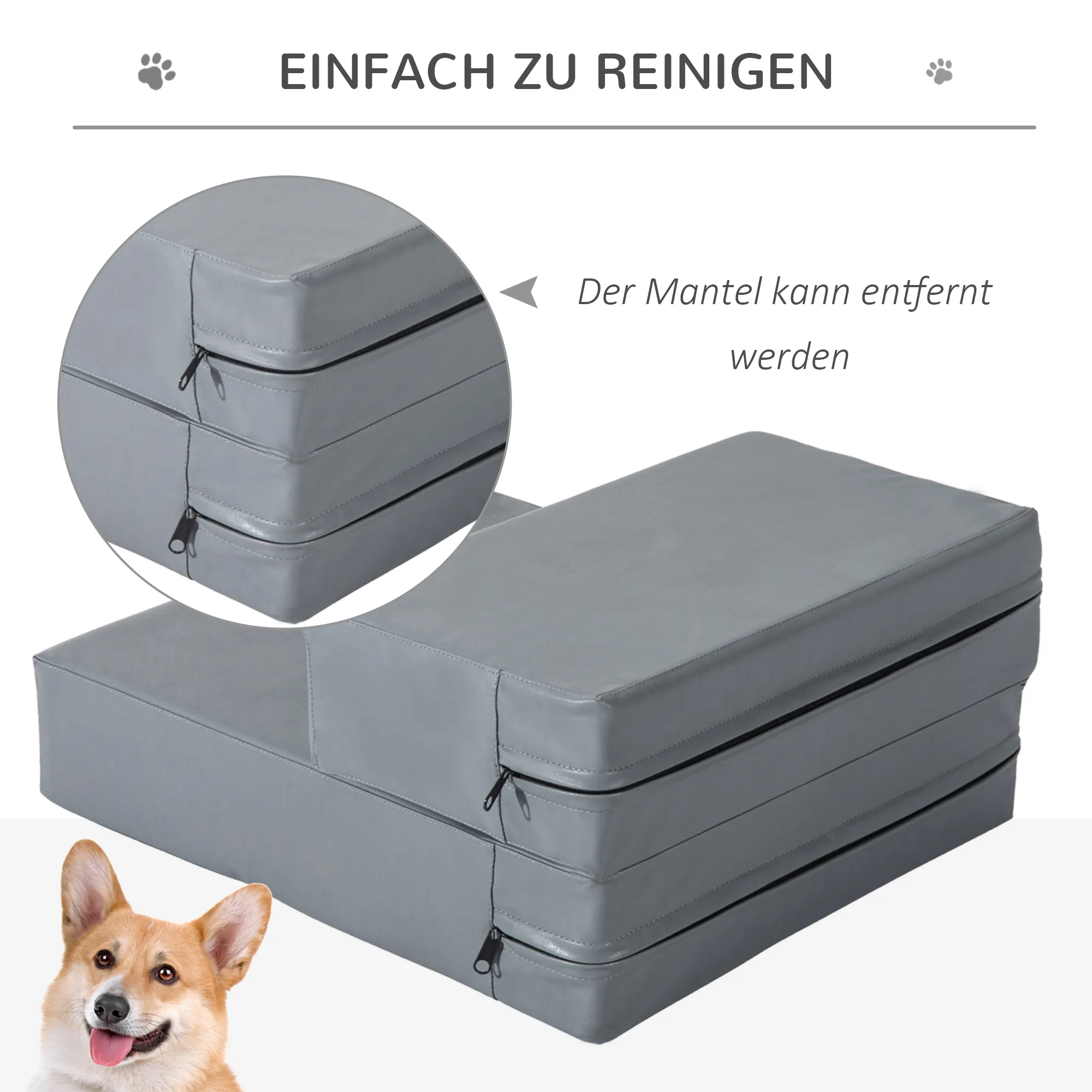 Hundetreppe für kleine Hunde bis 7 kg aus PU-Leder, Grau
