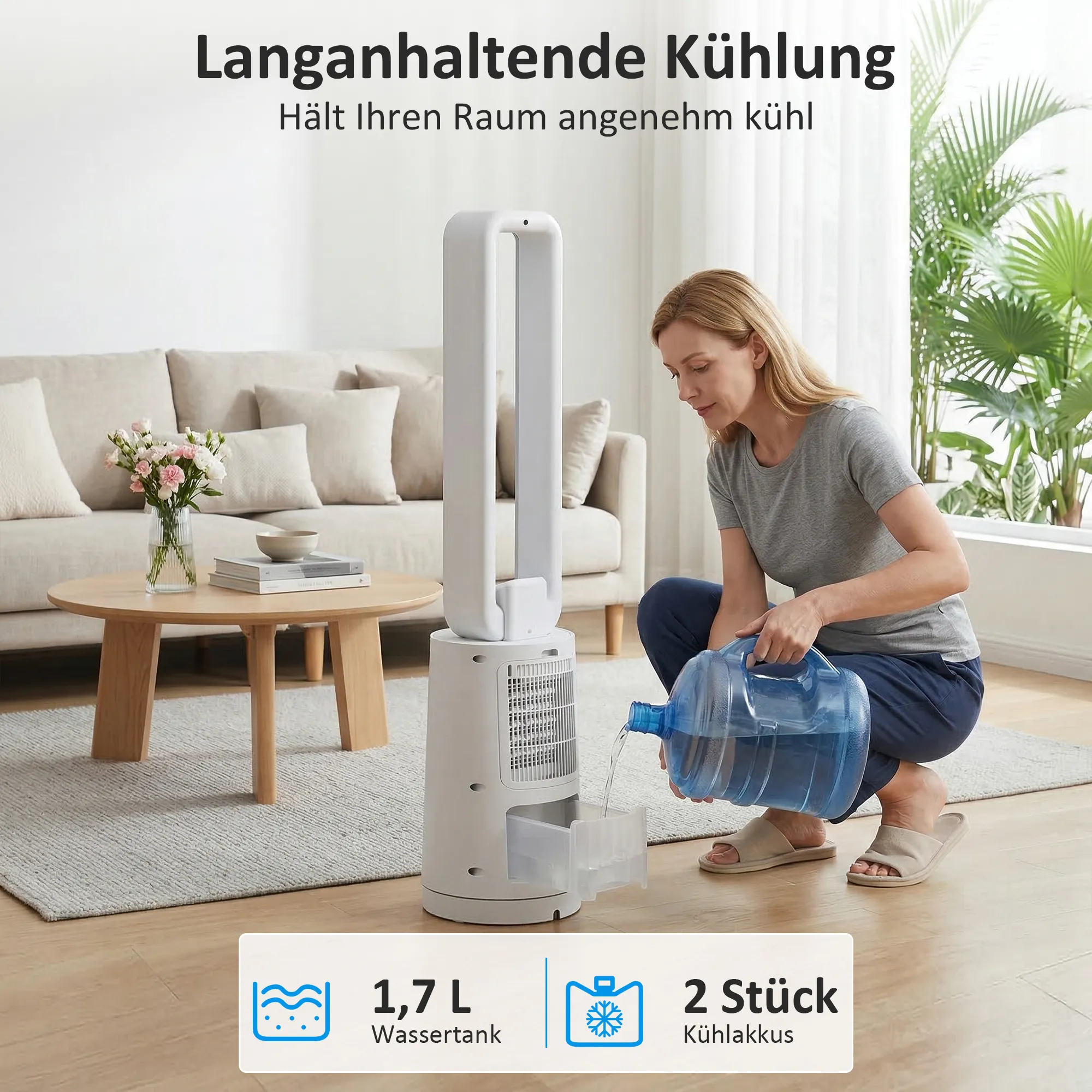 Verdunstungsluftkühler mit Fernbedienung, 15-Stunden-Timer, Kühlakku für Zuhause und Büro, Weiß