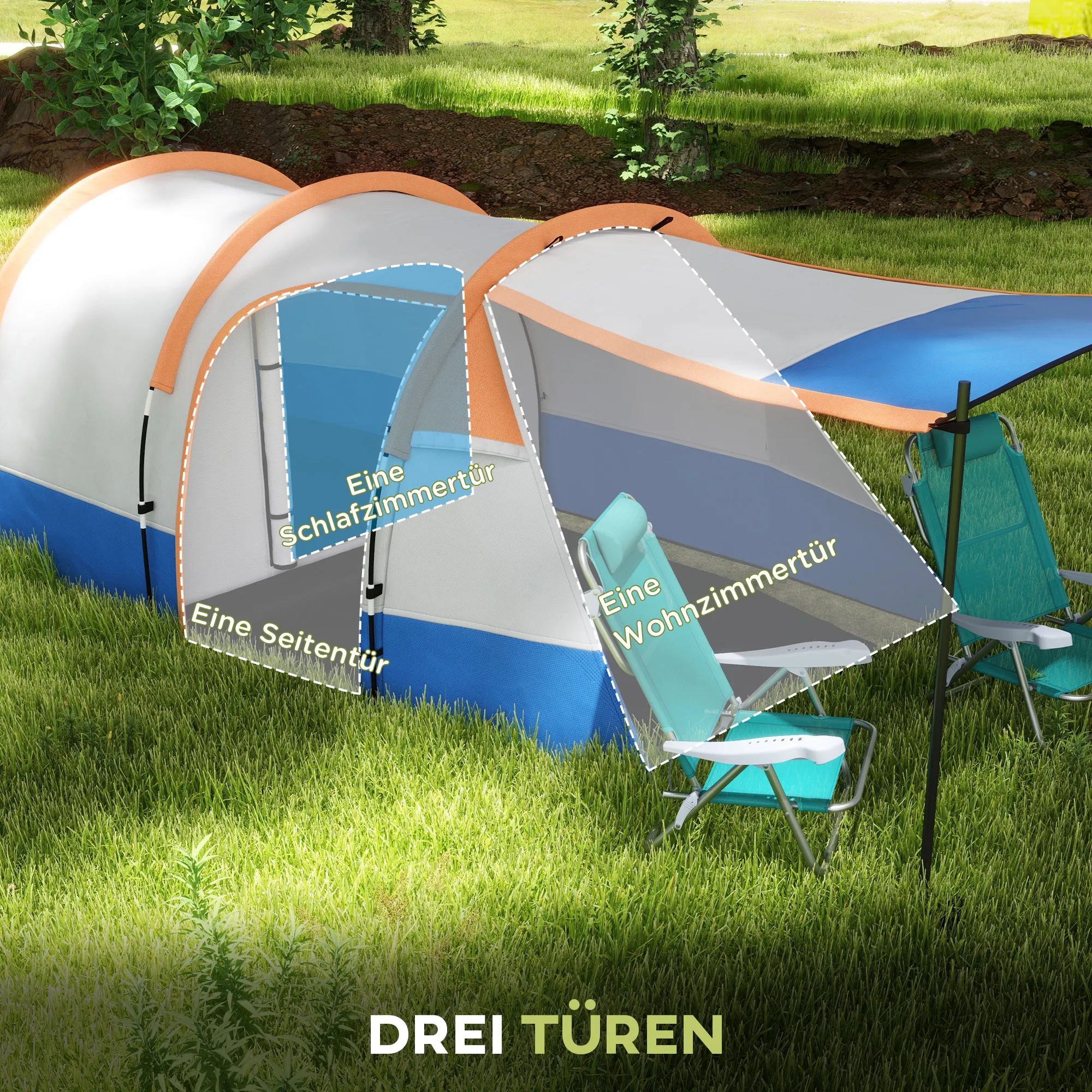 Tunnelzelt 4 Personen 420x200x150 cm Orange