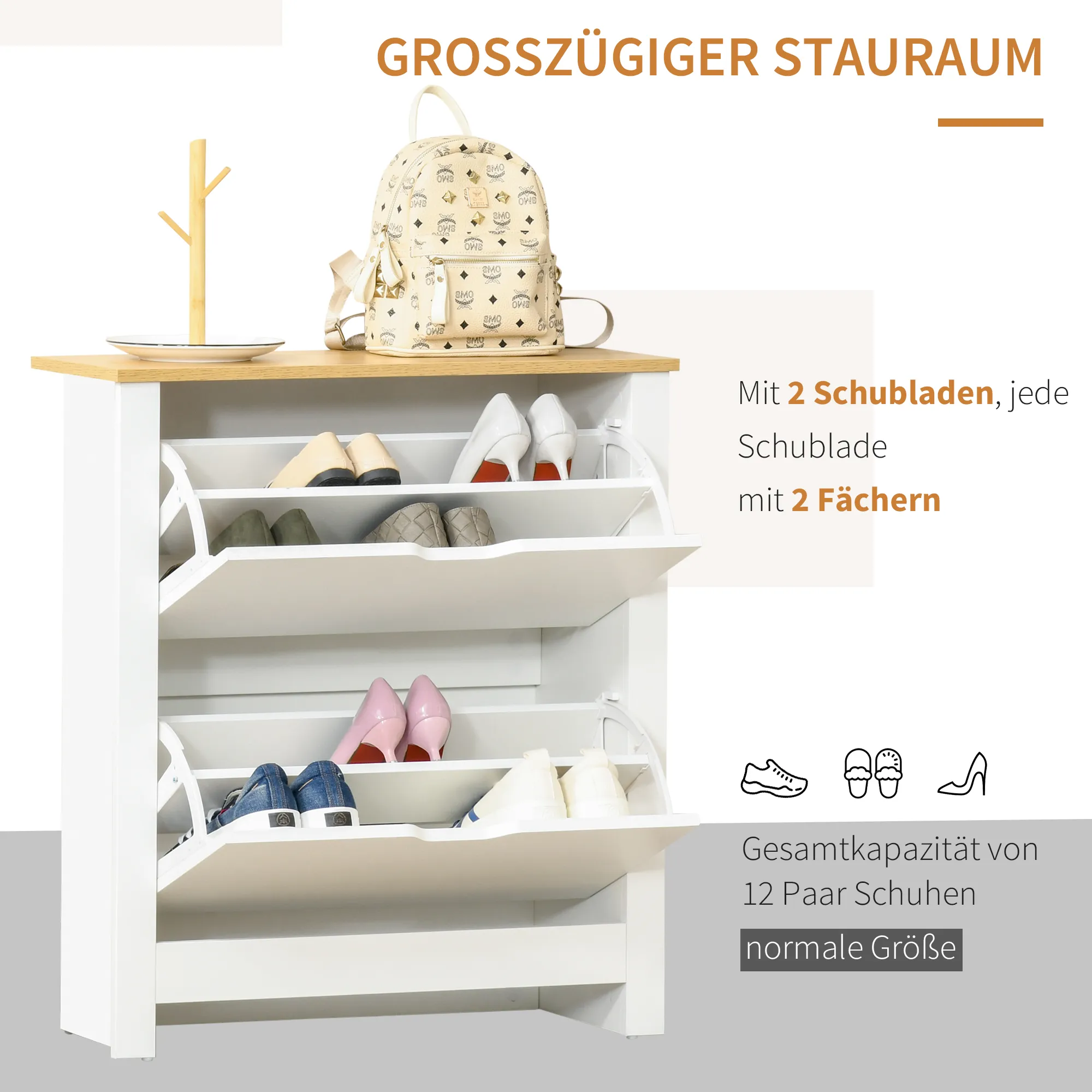Schuhschrank Schruhregal Schuhaufbewahrung, 2 Fächer, 12 Paar Schuhe, 72 cm x 26 cm x 80 cm, Weiß + Braun