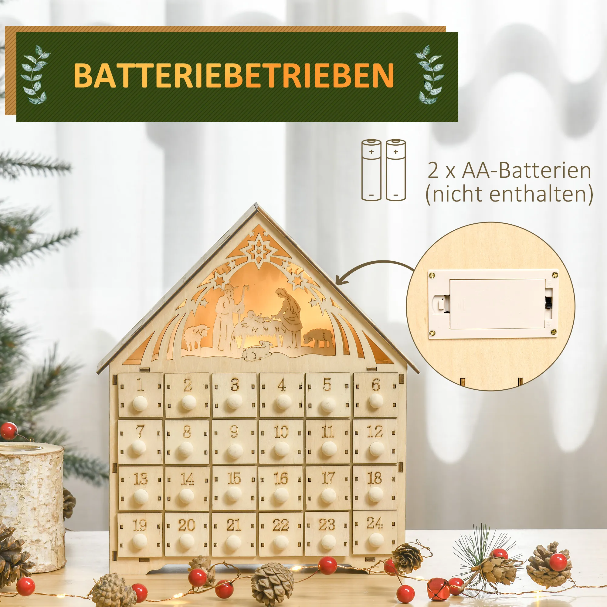 Adventskalender aus Sperrholz mit LED-Beleuchtung, Natur, 30 cm