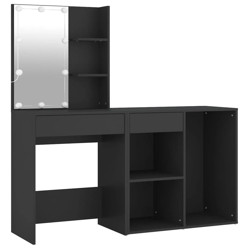 Schwarzes Schminktisch-Set mit LED-Beleuchtung, 60x40x140 cm & 80x40x75 cm