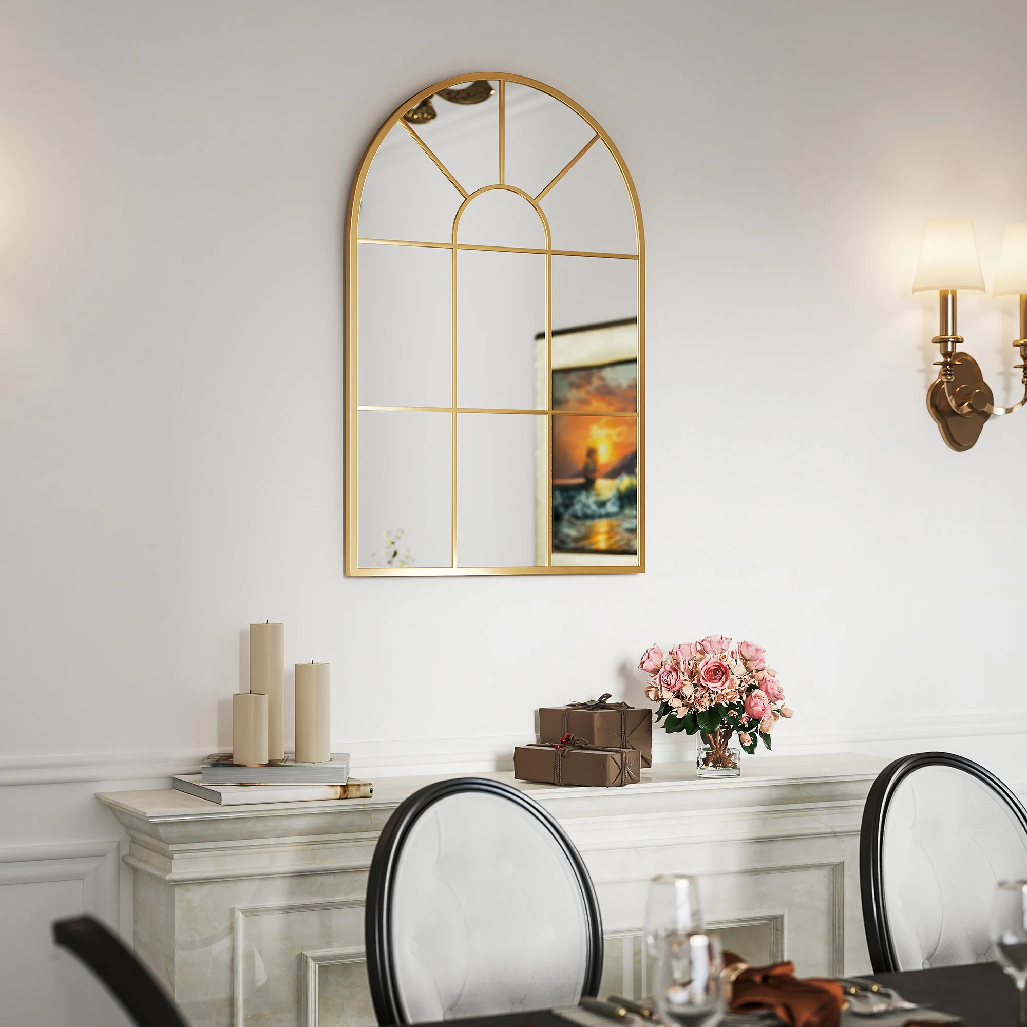 Wandspiegel, Fenster-Design, Flurspiegel, Metallrahmen, 91 x 60 cm, Gold