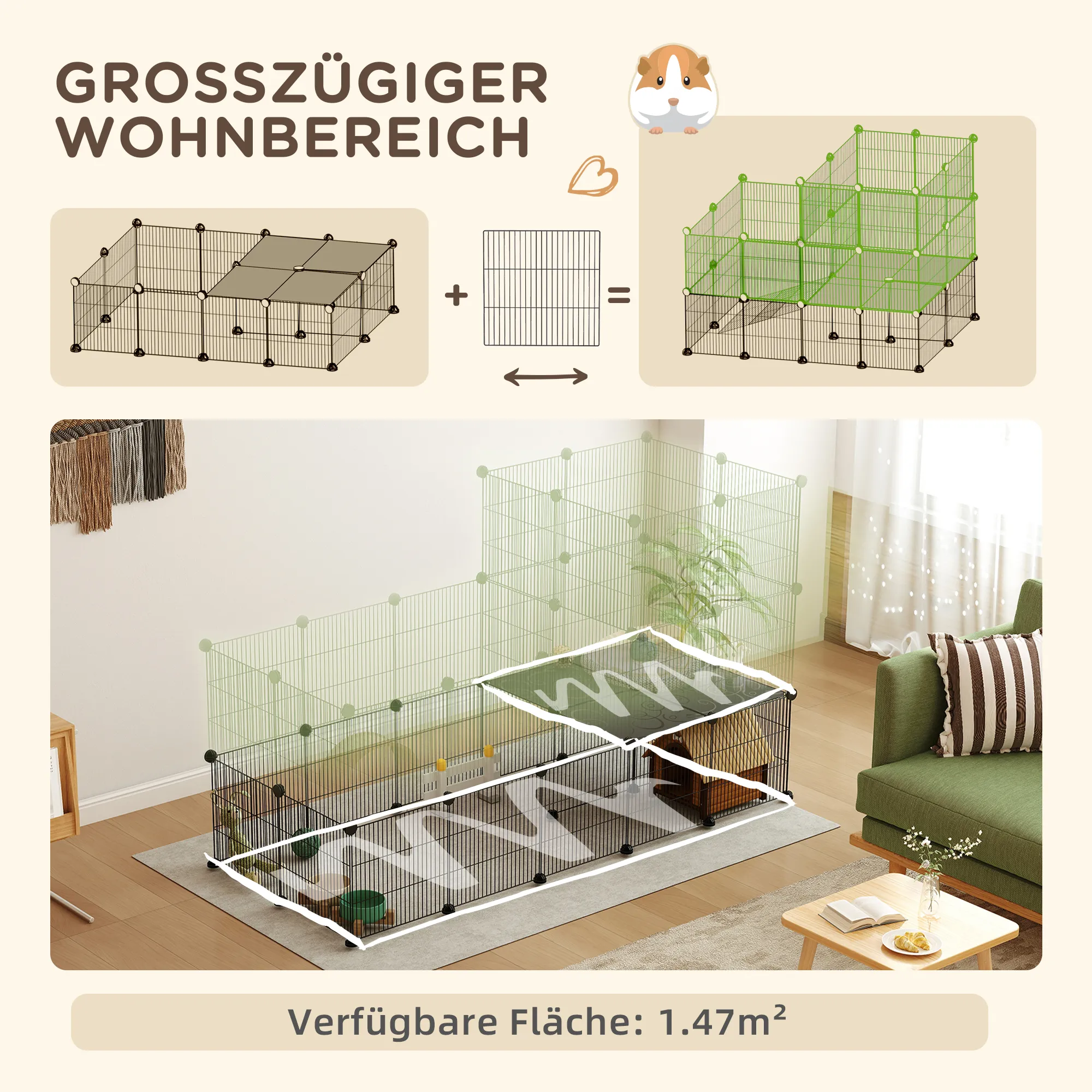Gehege für Zwergkaninchen, 39-Paneel-Stall für kleine Haustiere, mit Rampe, für Kleintiere, Indoor, Schwarz