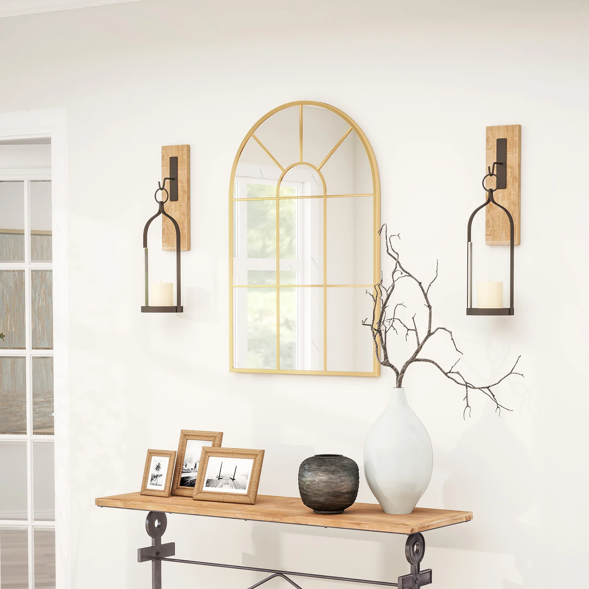 Wandspiegel, Fenster-Design, Flurspiegel, Metallrahmen, 91 x 60 cm, Gold