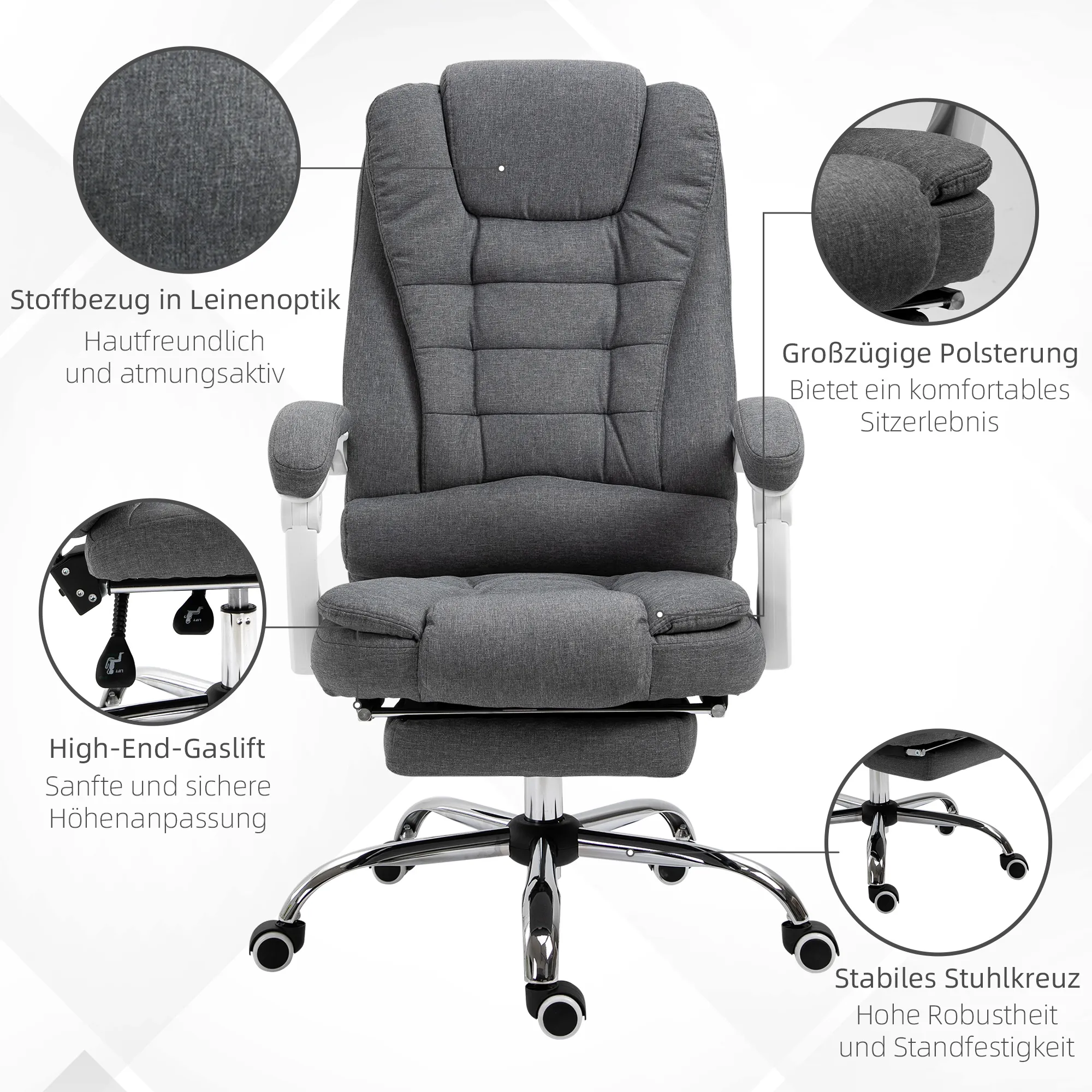 Bürostuhl Grau+Weiß 65L x 70B x 110-118H cm mit Fußstütze