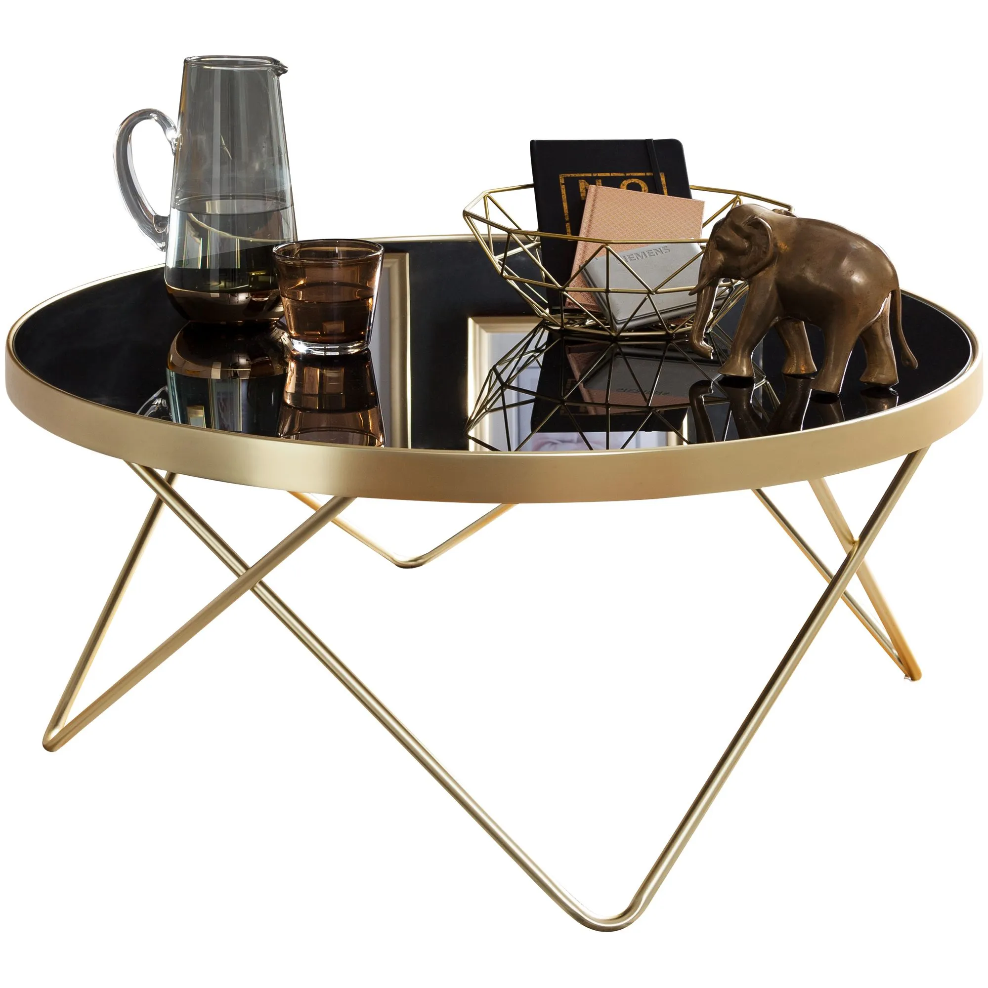 tinkaro Couchtisch rund AYLA Glas Schwarz Gold Beistelltisch orientalisch