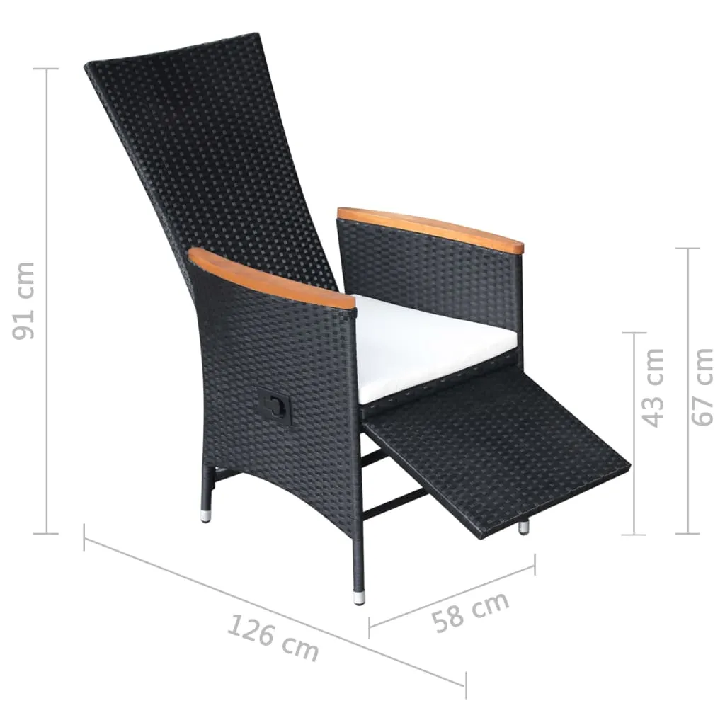 2er Set Rattan-Liegestühle Schwarz 58x62x108 cm mit Echtholz-Armlehnen