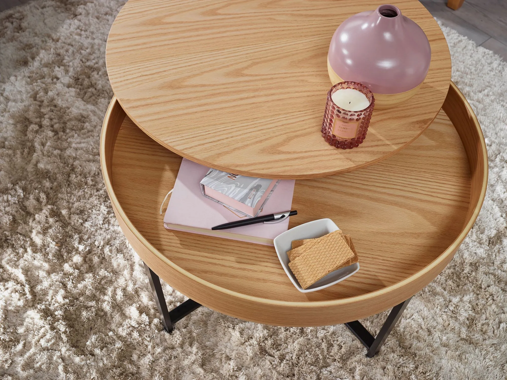 WOHNLING Design Couchtisch Rund 69 cm mit Eichen Optik Tisch mit Stauraum