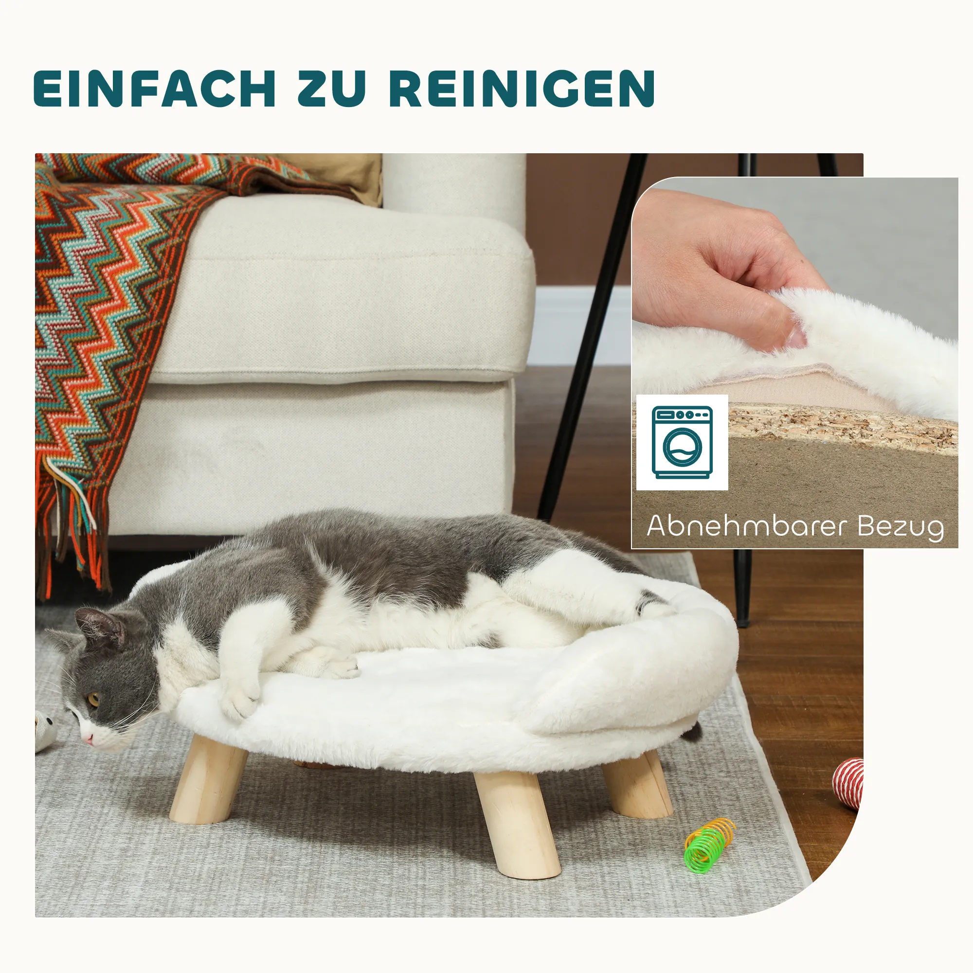 Haustierbett für Katzen und Hunde, Plüsch, 47x40x20 cm, Cremeweiß