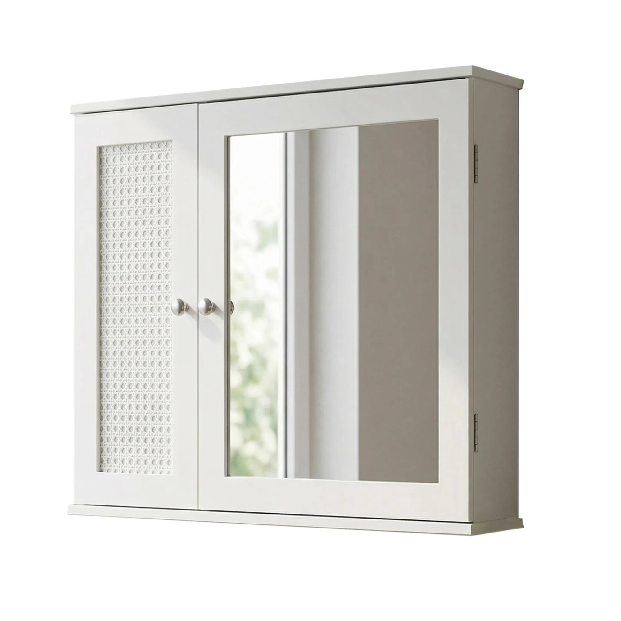 Wohnling Spiegelschrank Weiß 60cm - Wand Badschrank mit 1 Spiegeltür - Hängeschrank Bad Wandschrank im Rattan Aufbewahrungsschrank mit Tür Design Badezimmerspiegel