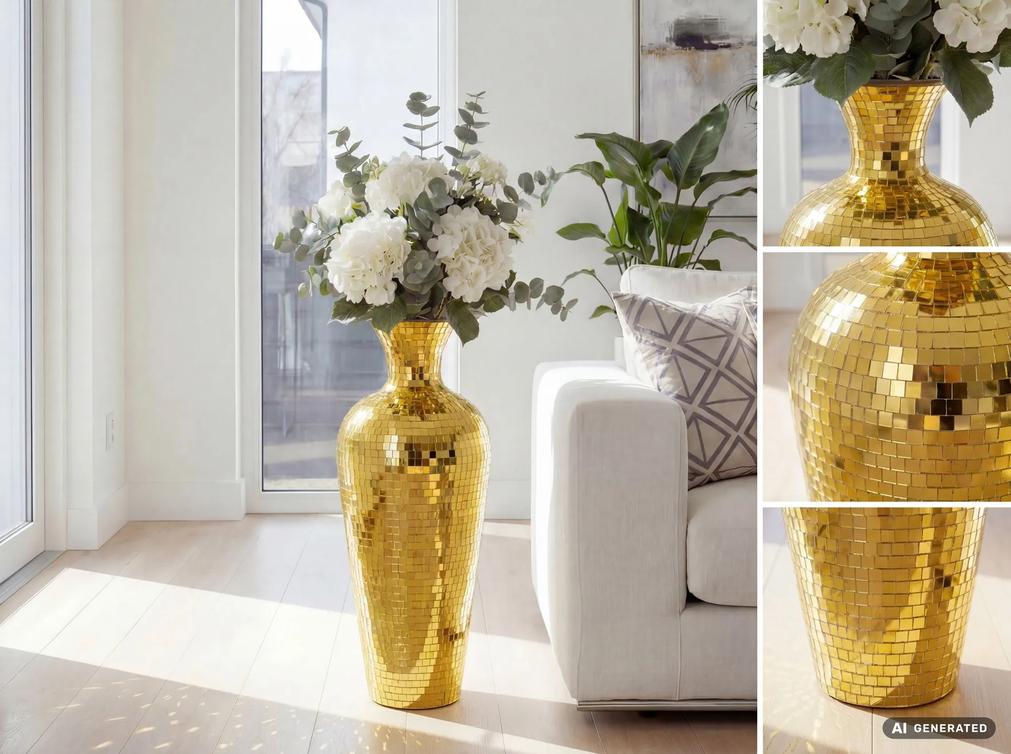 Bodenvase Aluminium 50cm Gold - Blumenvase Groß - Metallvase im Discokugel Design Modern - Dekovase rund für Trockenblumen - XL Standvase Hoch - Wohnzimmer Deko - Wohndeko Handmade