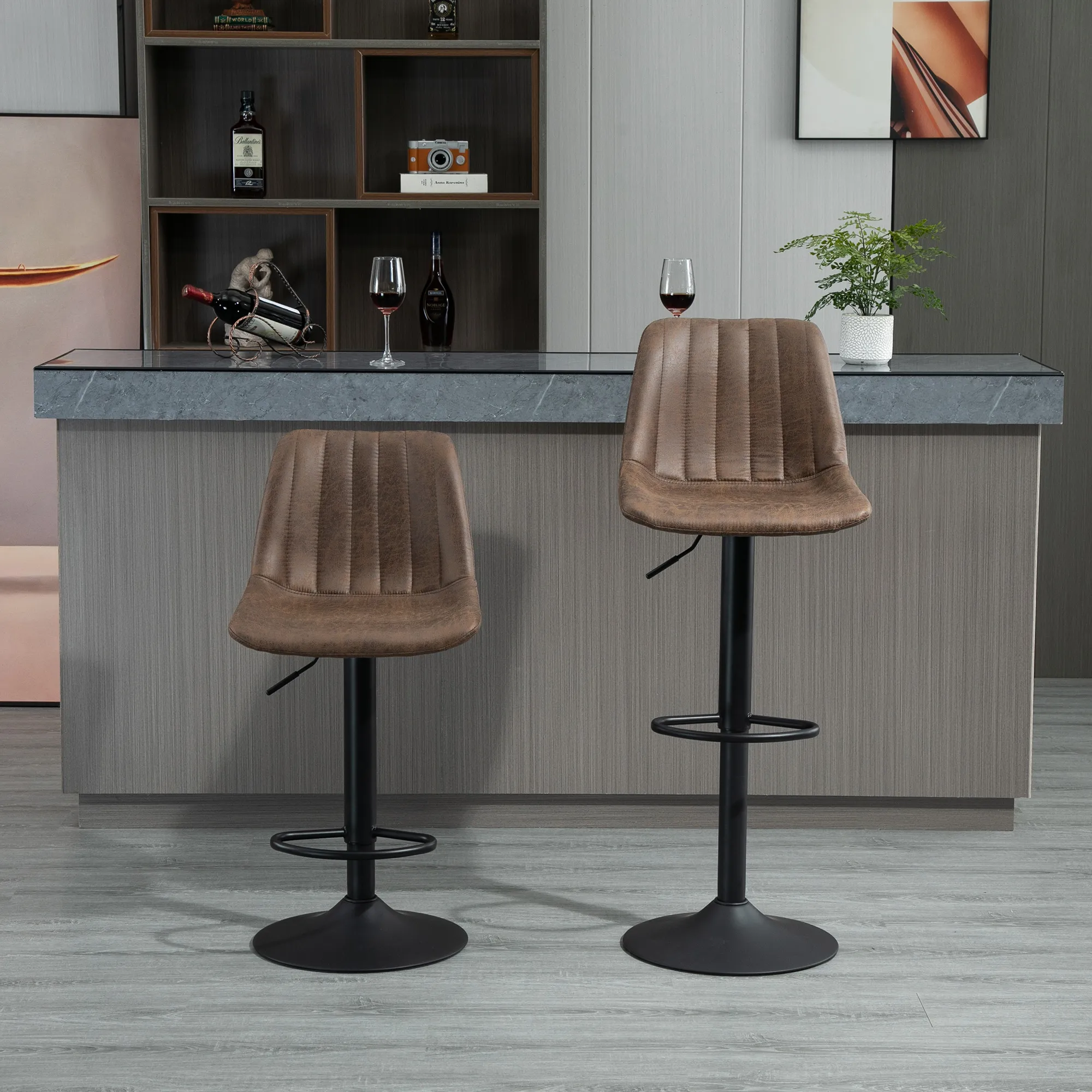 2er-Set Barhocker im Retrodesign, inkl. Fußstütze, höhenverstellbar, Gaslift, Braun + Schwarz