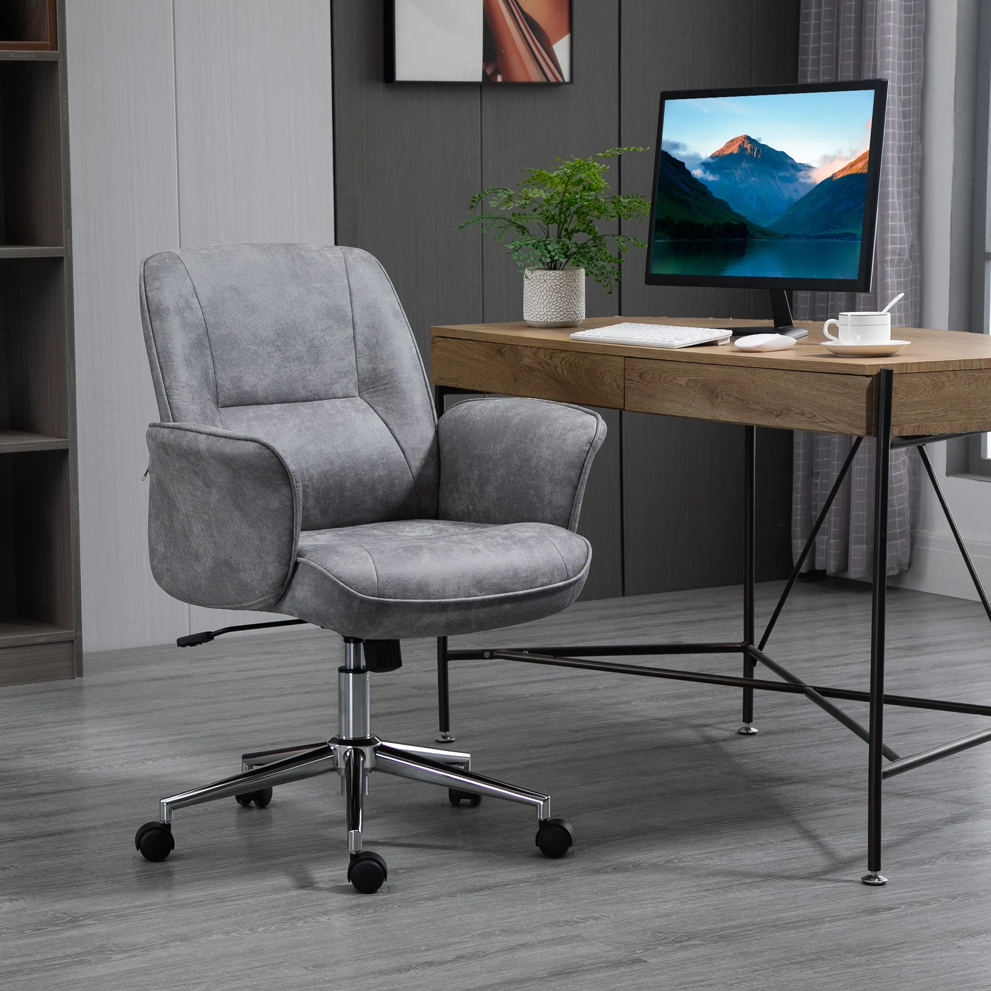 Bürostuhl mit Wippfunktion Schreibtischstuhl höhenverstellbarer Drehstuhl ergonomischer Arbeitsstuhl modern Belastbar bis 120 kg Mikrofaser Hellgrau 67 x 69 x 92-102 cm