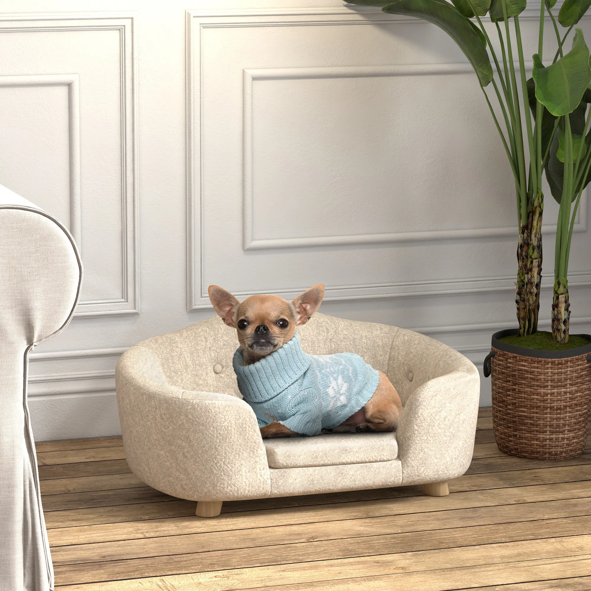 Hundesofa aus Kiefernholz mit Plüsch, 70 x 47 x 30 cm, Cremeweiß