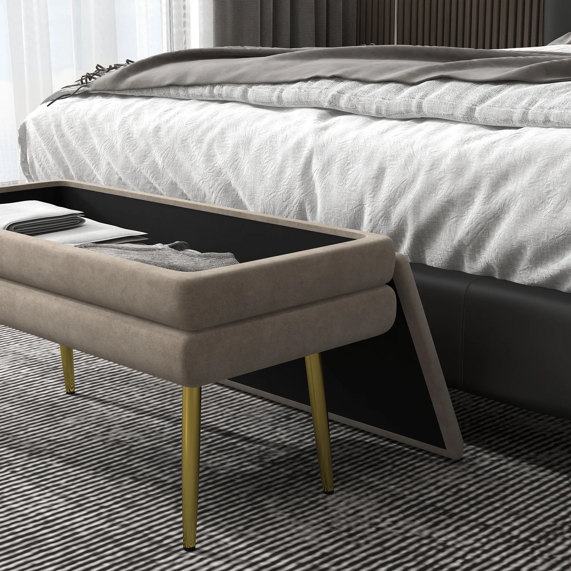 Sitzbank Polsterbank, mit Stauraum, Stahl, 79,5 cm x 37,5 cm x 43 cm, Beige
