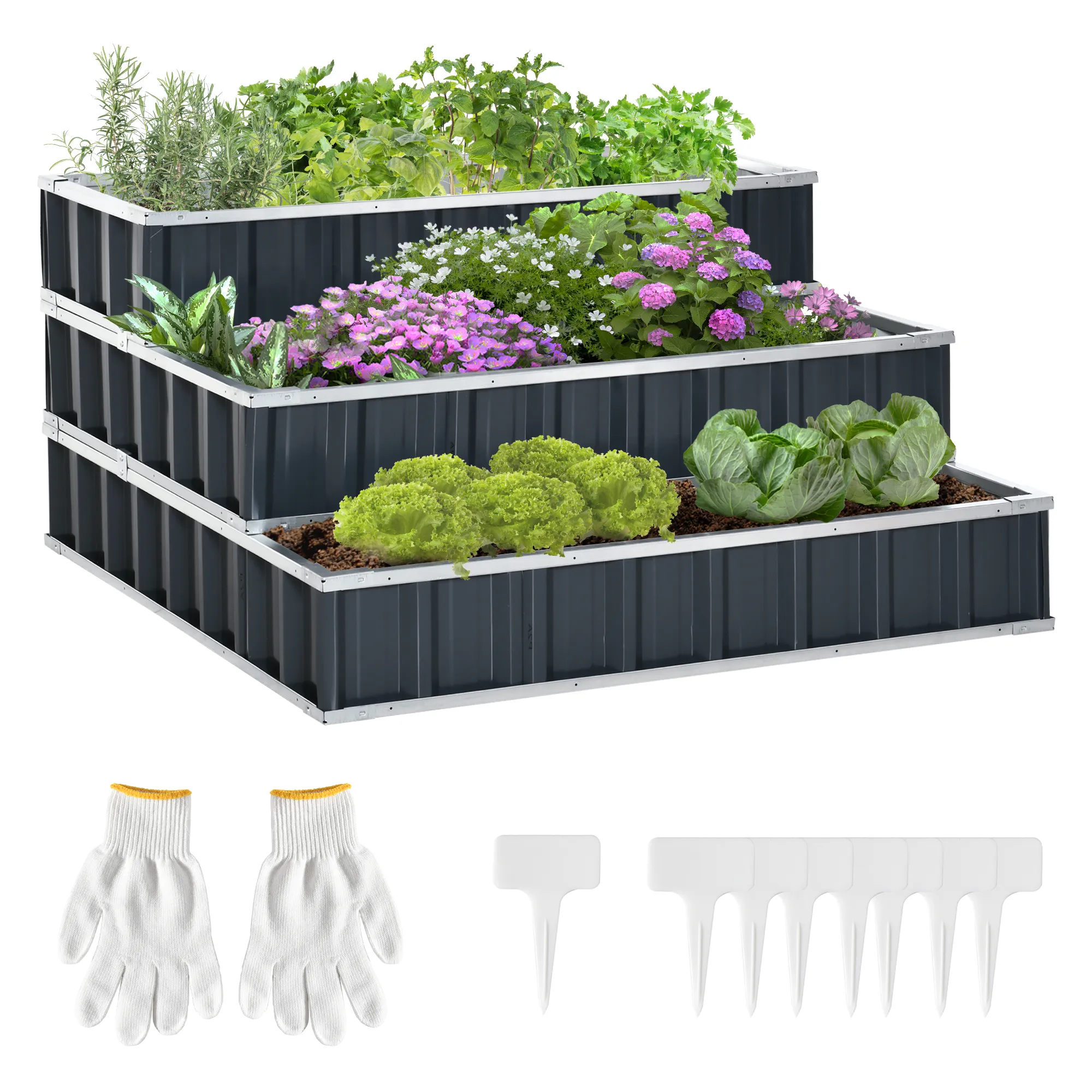 3-stufiges Metall-Gartenbeet 118x118x62 cm Dunkelgrau
