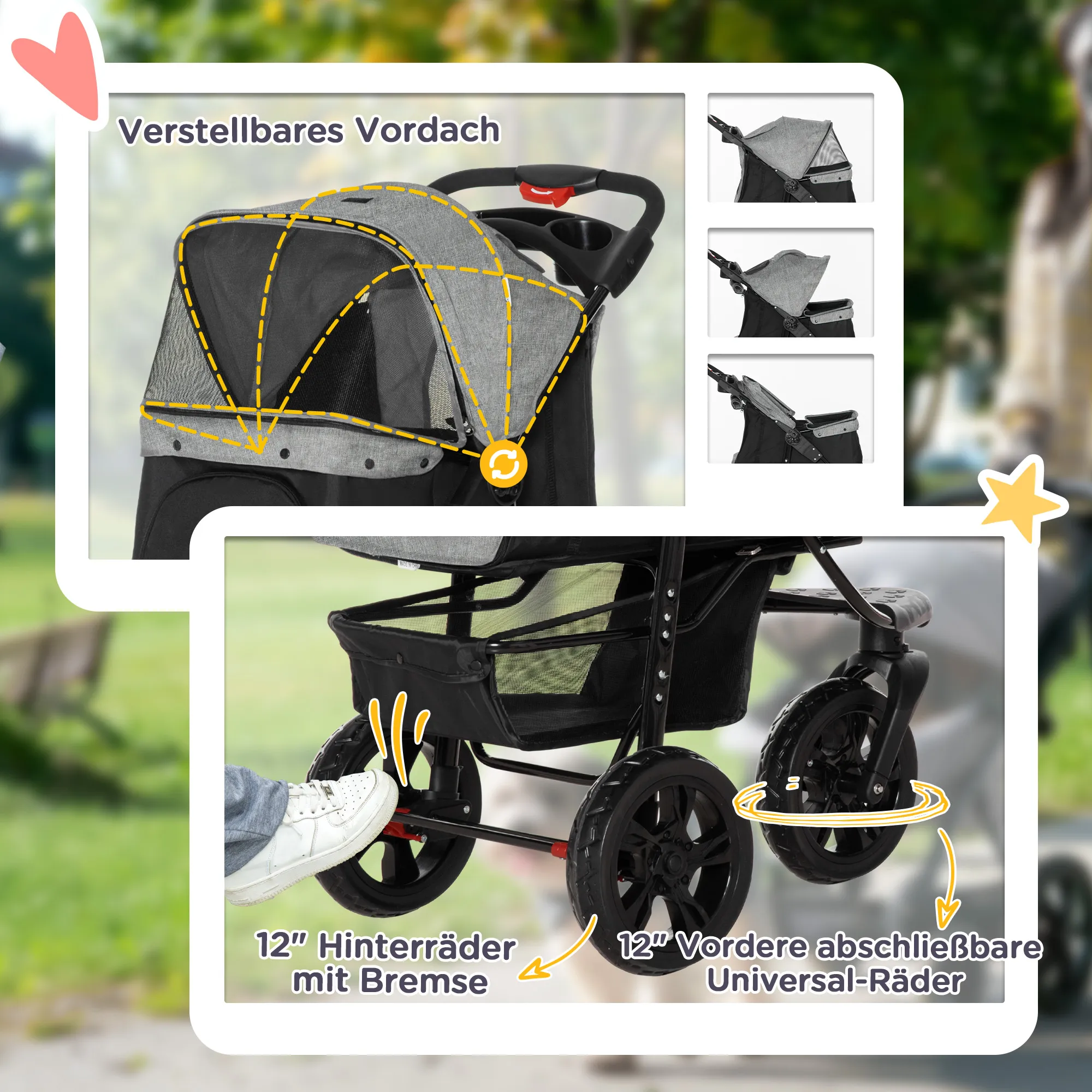 Hundewagen Pet Stroller klappbar aus Oxford-Gewebe Grau+Schwarz
