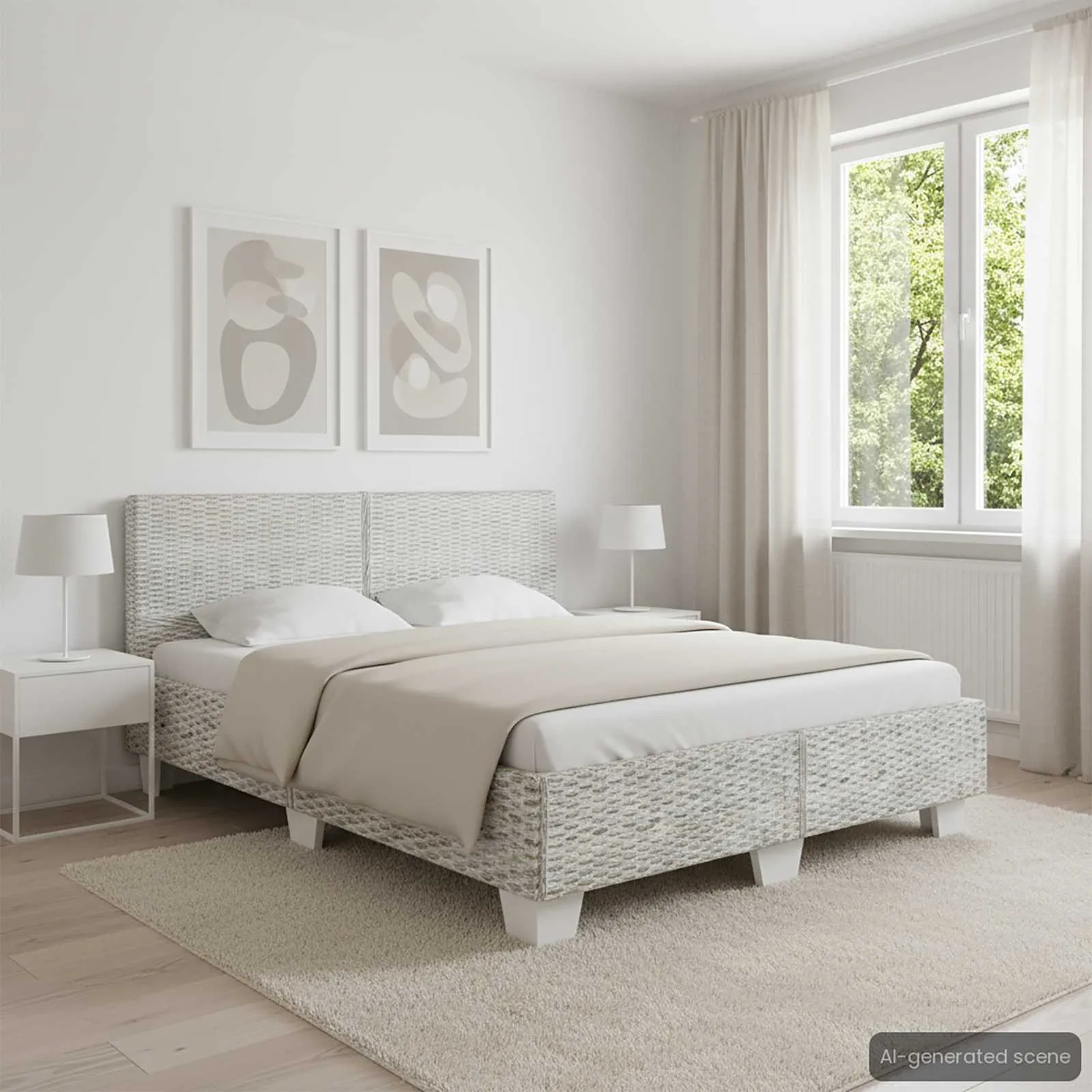 Bettgestell aus Massivholz und Rattan 210x149x77 cm Grau