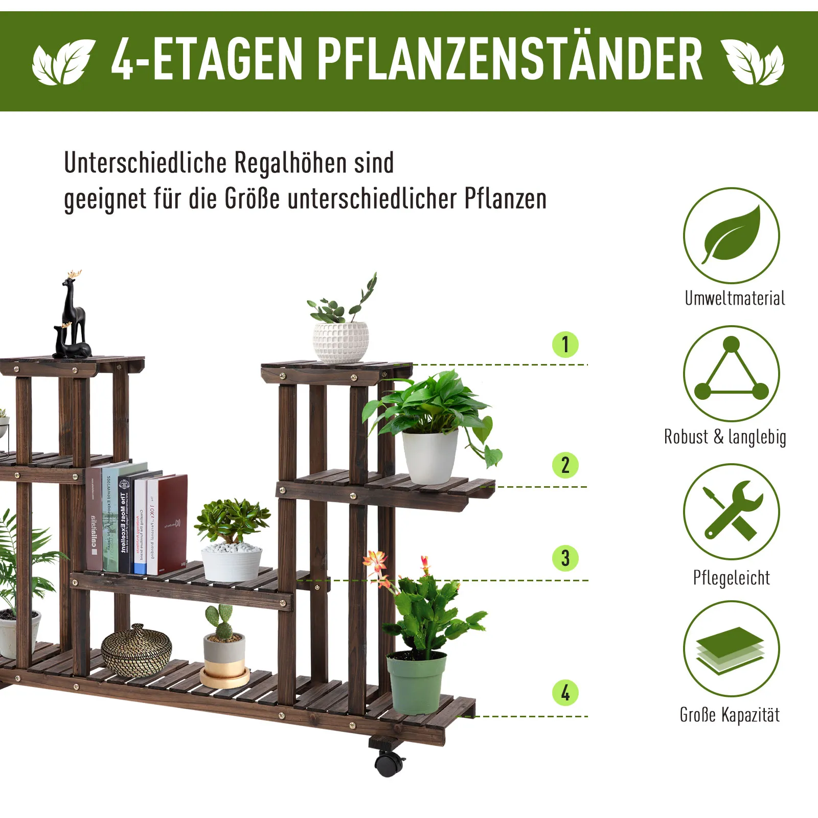 Mobile Blumentreppe 123,5L x 33B x 80H cm in Verkohlter Farbe