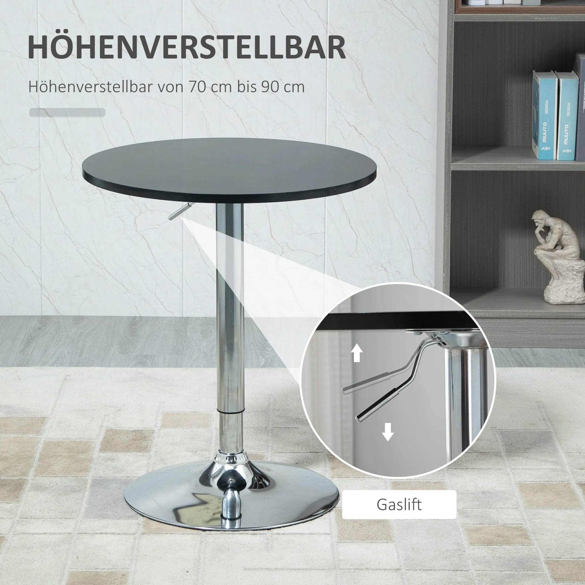 Bartisch modern rund Esstisch 360° Drehtisch höhenverstellbarer Bistrotisch Stehtisch Küchentisch Stahl Schwarz Ø61 x 70-90 cm