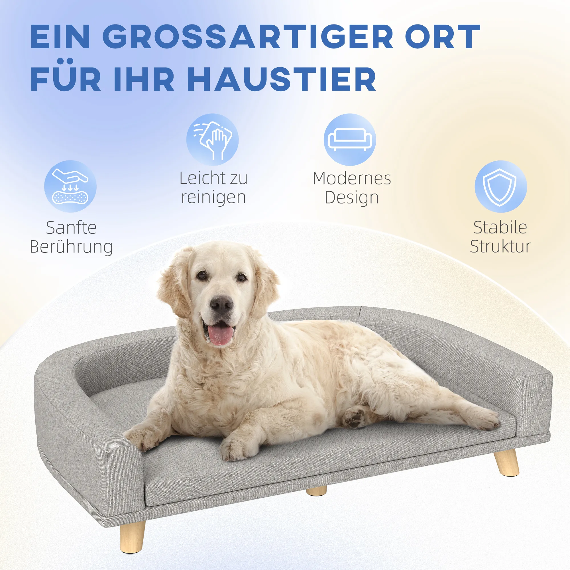 Hundesofa für große Hunde bis 30 kg, Kiefernholzbeine, Grau