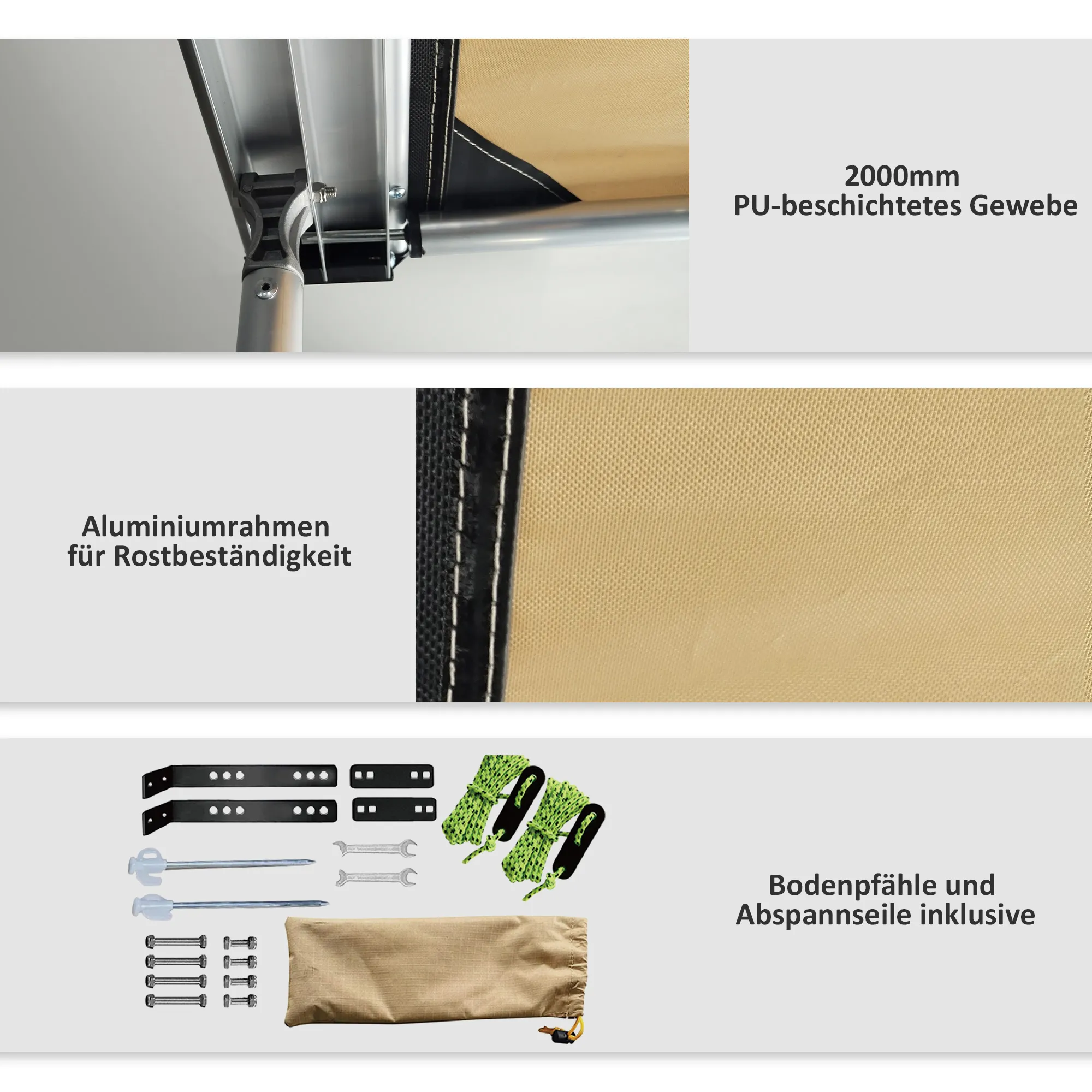 Car Side Awning 160L x 250B x 125-225H cm in Khaki