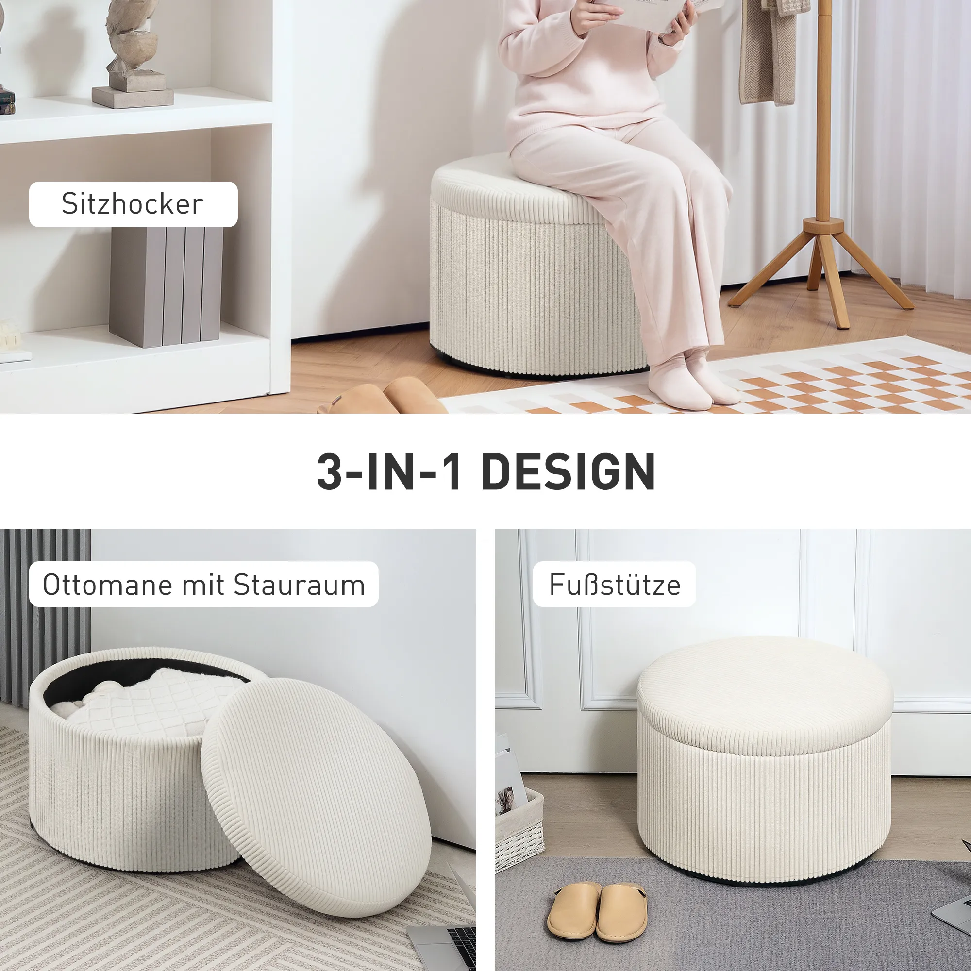 Fußhocker mit 97 L Stauraum, Cordstoff, Schaumstoff, Sitzhocker, Beige