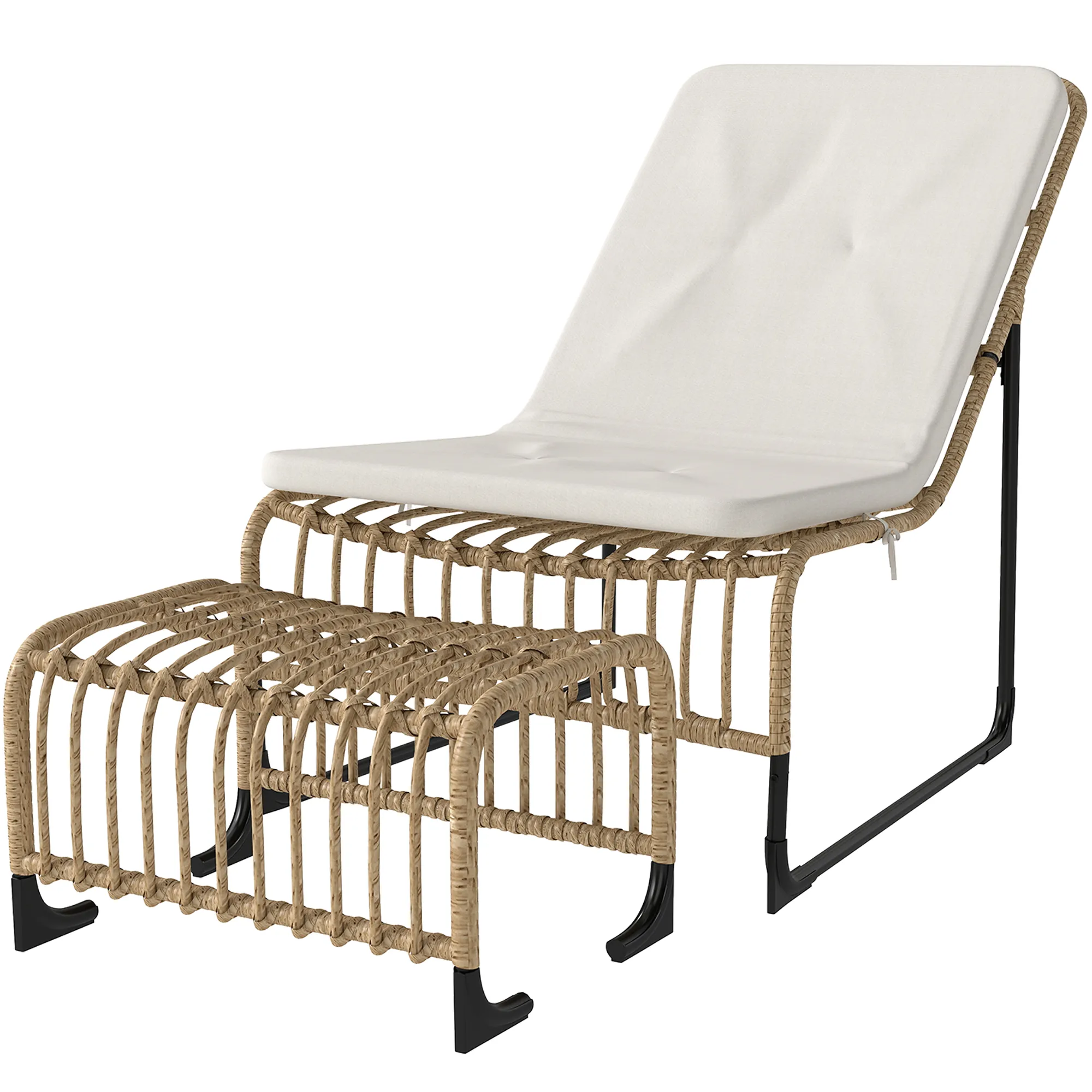 Rattan Relaxsessel mit Fußhocker UV-beständig Gartensessel mit Kissen Bänder 65 x 93 x 80 cm Naturholz