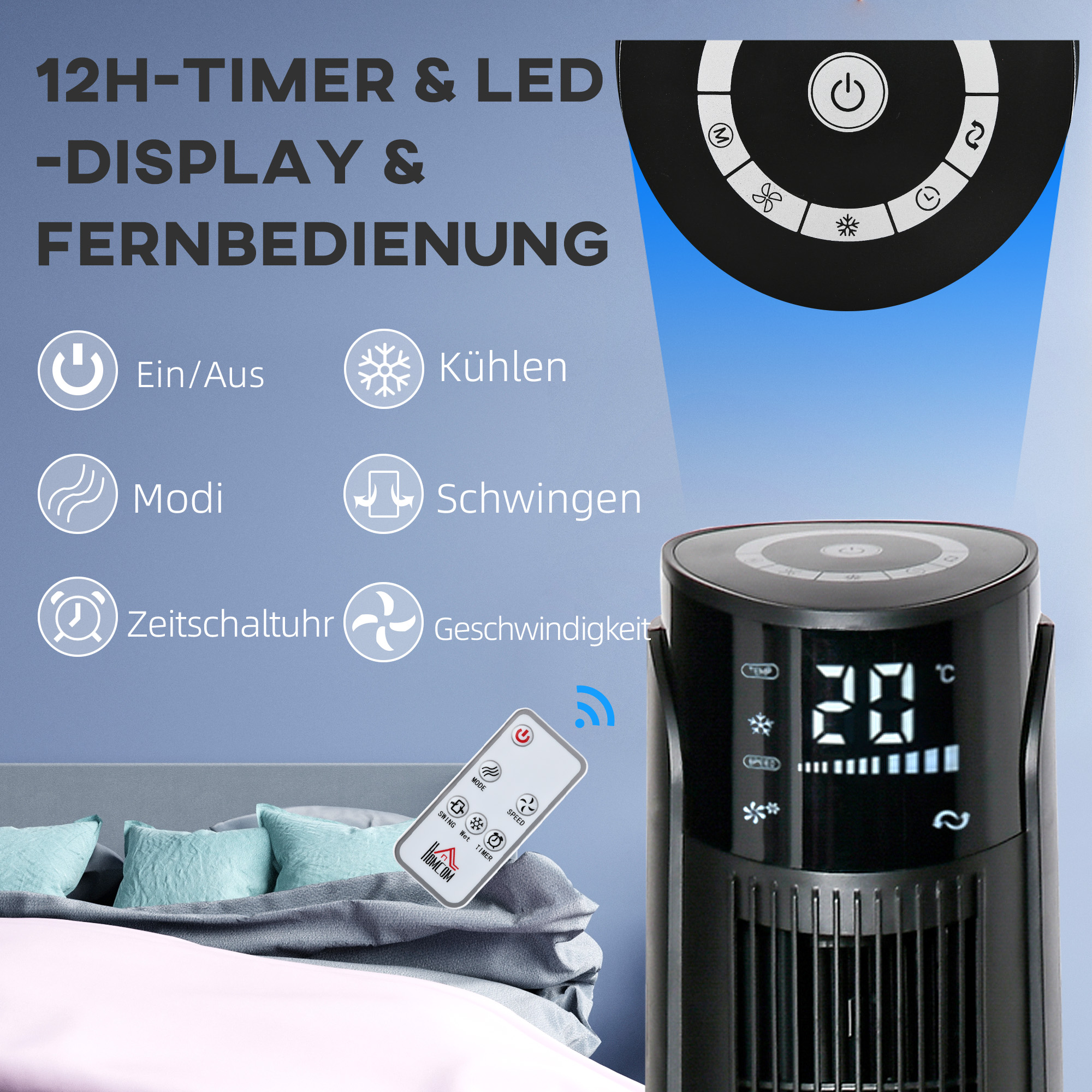 2-in-1 Luftkühler Turmventilator 31,5L x 31,5B x 107H cm Schwarz
