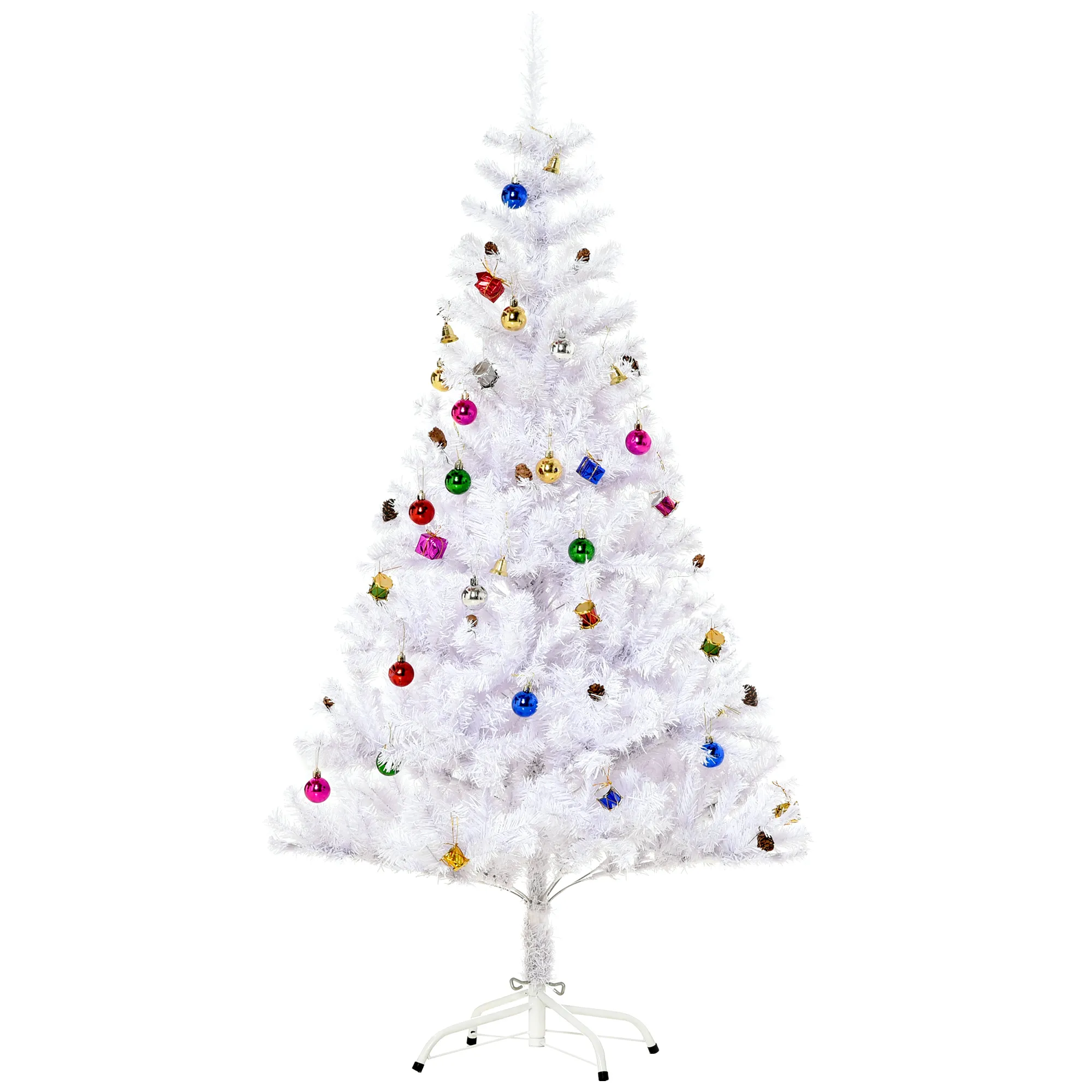 Künstlicher Weihnachtsbaum 150 cm künstlich Tannenbaum mit Kugeln, Glocken, Trommeln, Geschenkboxen, Christbaum mit 680 Spitzen, 12 Tannenzapfen Weihnachtsdeko inkl. Metallständer für drinnen